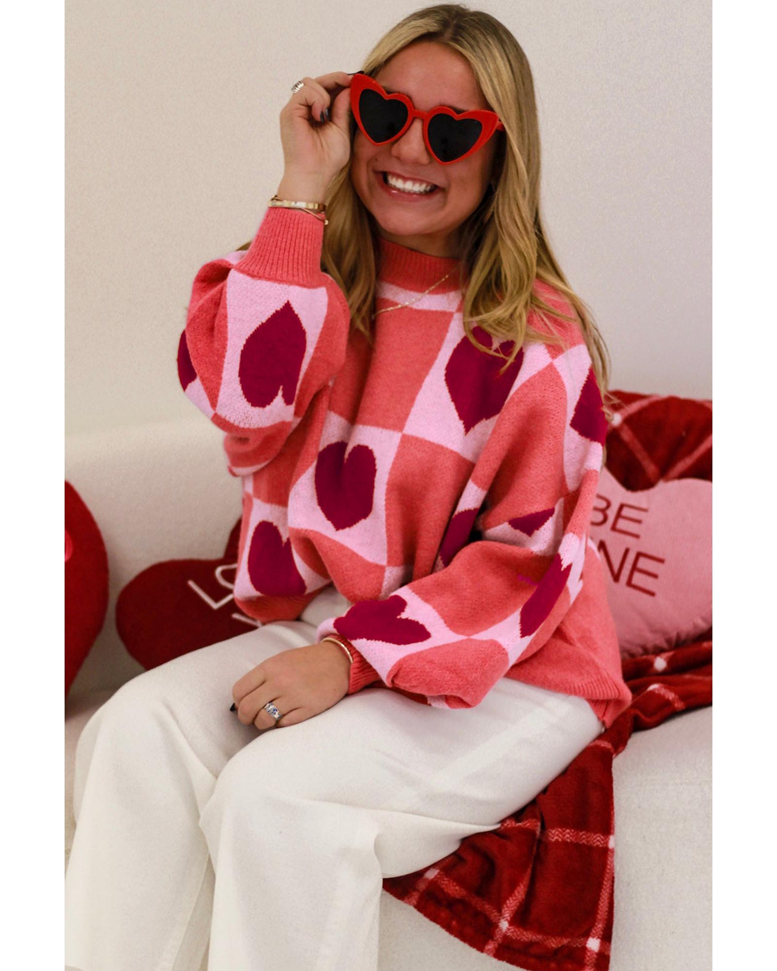 V539-AZEXPL272444-P1020-1X-202506151853-00 Azura Exchange Pink Plus Size Love Heart Block Mock Neck Lantern Sleeve Valentine Sweater - 1X - Image 1