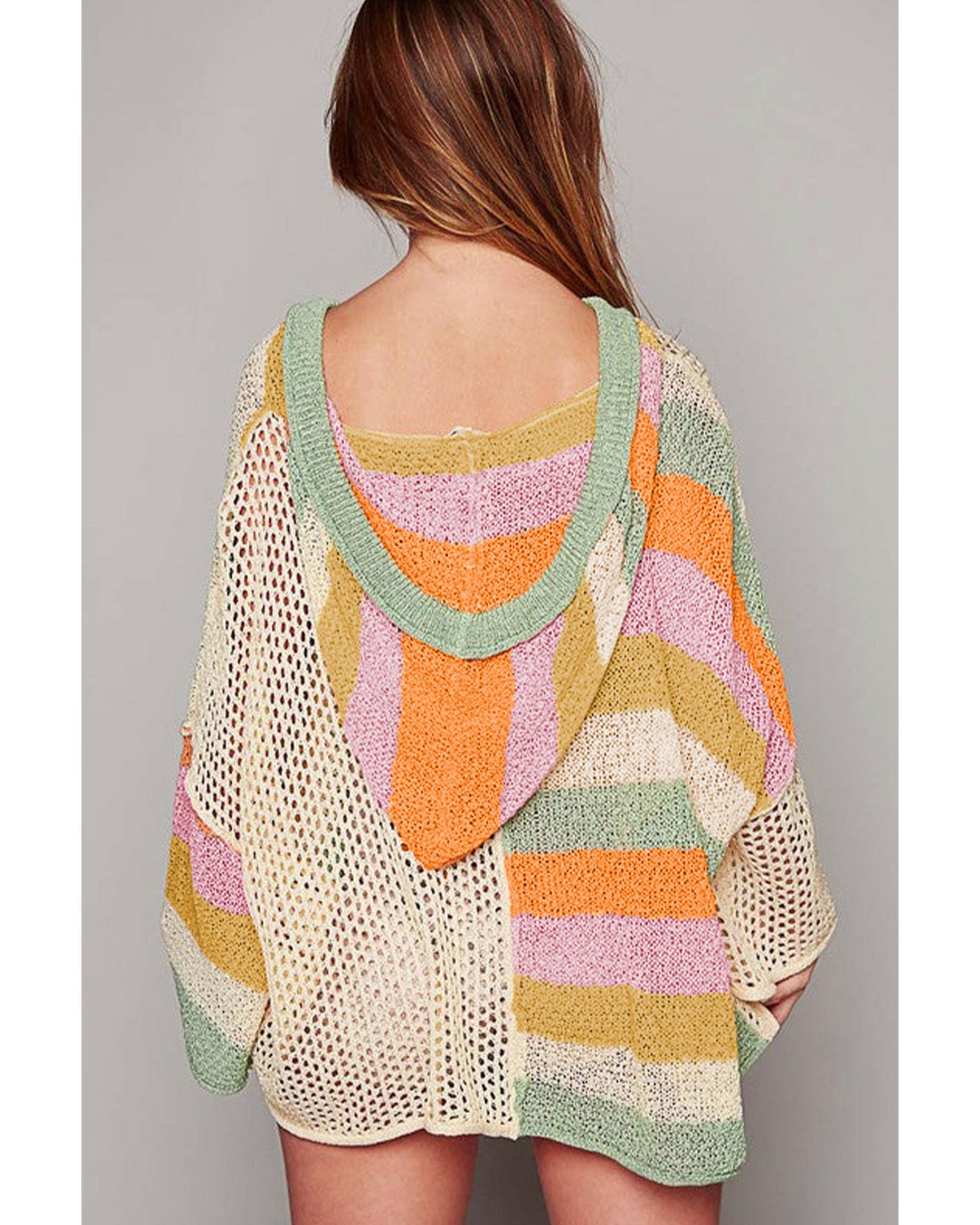 V539-AZEXPL2724858-P1522-1X-202506151907-00 Beige Pointelle Knit Colorblock Patchwork V Neck Hooded Plus Sweater - 1X - Image 1