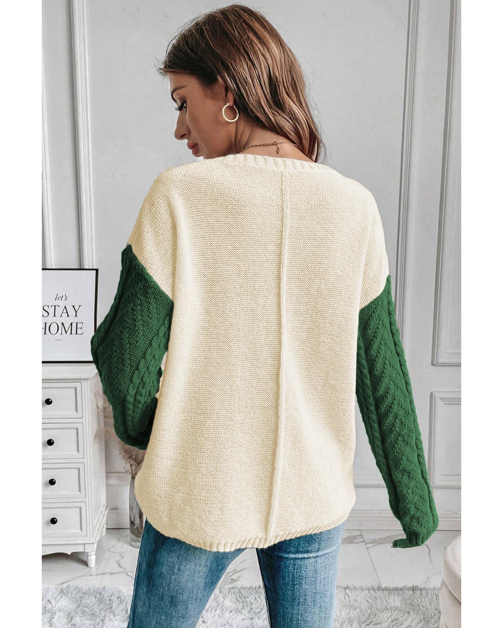 V539-AZEXPL2725069-P509-1X-202506151912-00 Mist Green Plus Size Cable Knit Color Block Drop Shoulder Sweater - 1X - Image 1