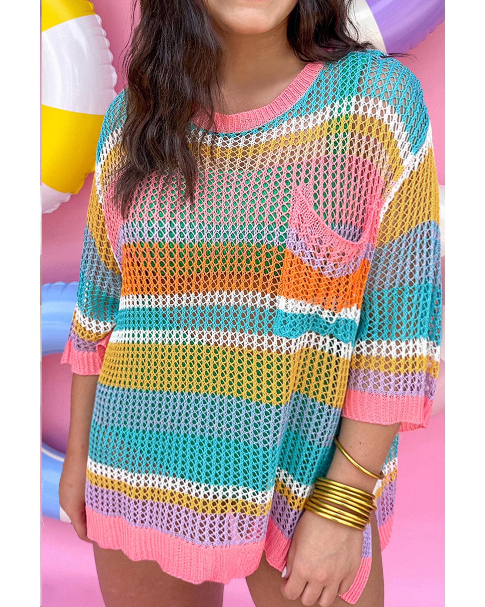 V539-AZEXPL277431-P1019-3X-202508300825-00 Pink Stripe Plus Size Open Knit Patch Pocket Short Sleeve Sweater - 3X - Image 1