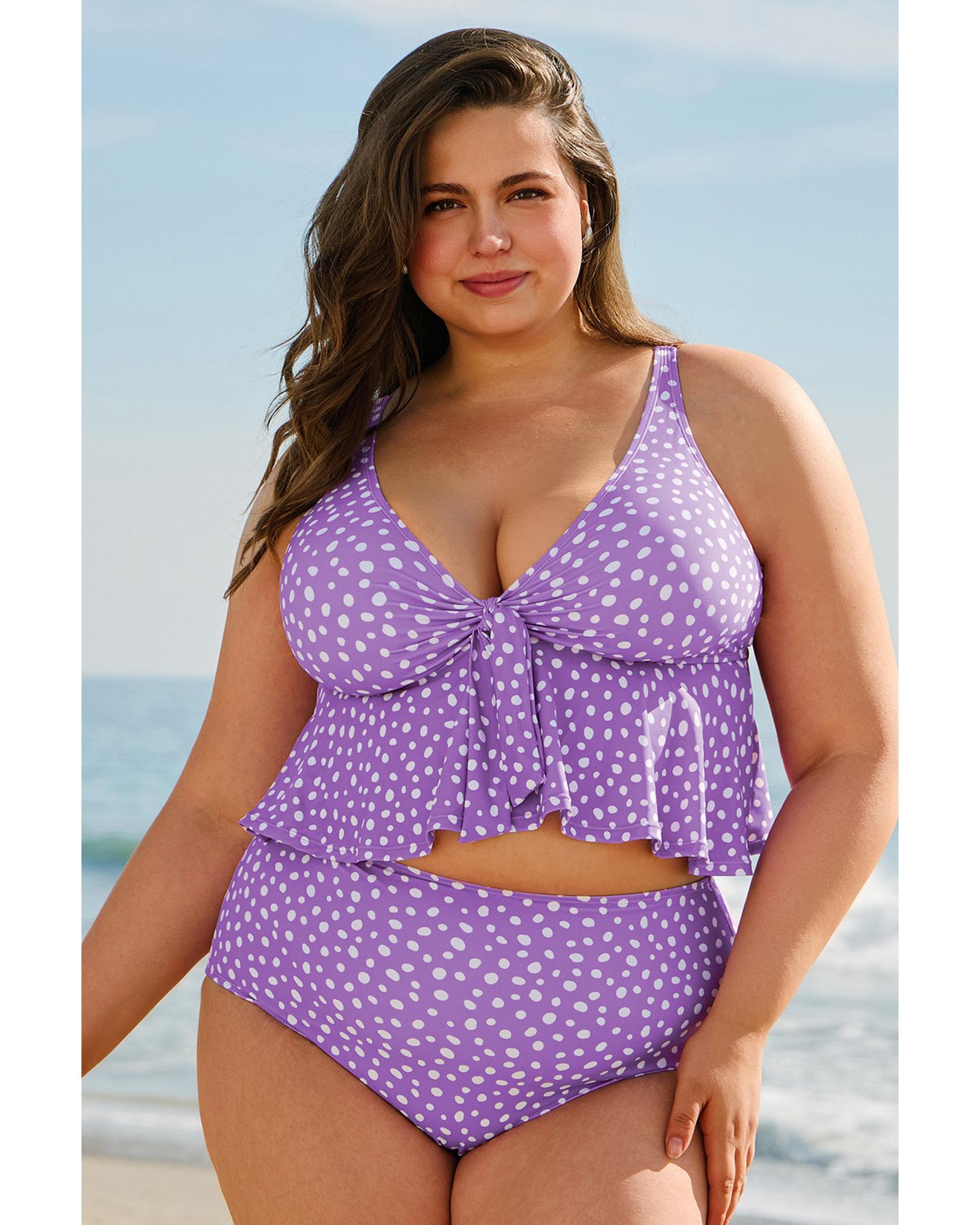 V539-AZEXPL41024-P820-1X-202506151930-00 Purple Plus Size Polka Dot Print Ruffled Knotted V Neck Tankini Set - 1X - Image 1