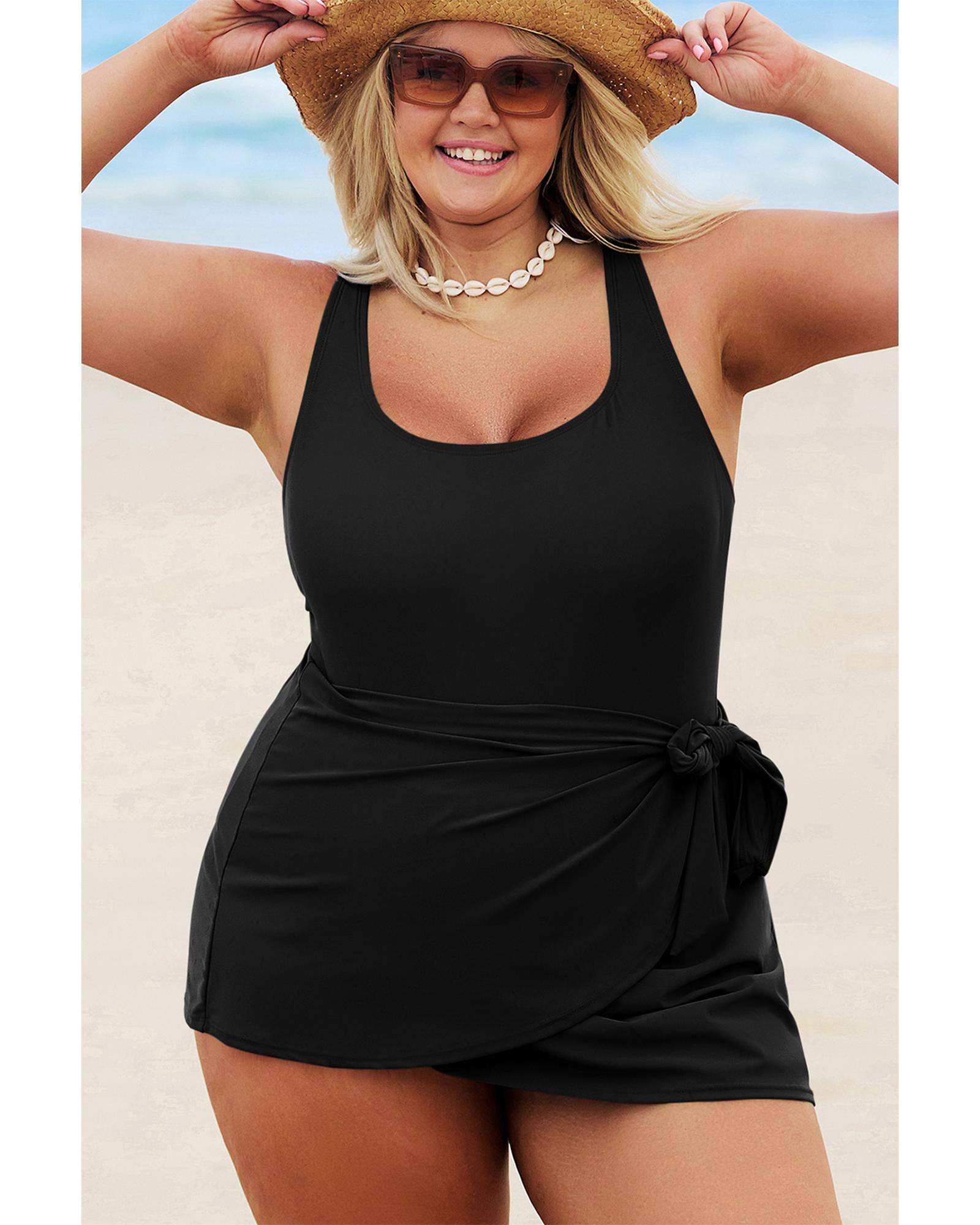 V539-AZEXPL41025-P2-4X-202508301000-00 Black Solid Color Square Neck Knotted Plus Size One Piece Swimsuit - 4X - Image 1