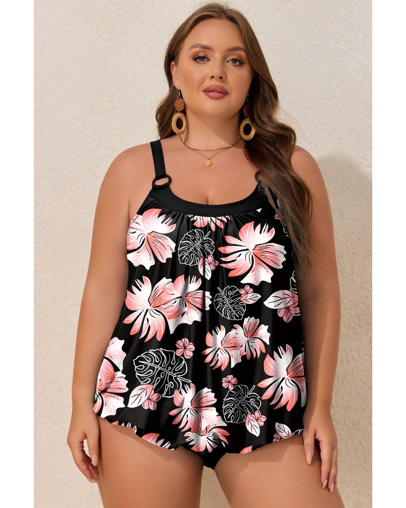 V539-AZEXPL41045-P220-1X-202506151945-00 Black 2pcs Plus Size Wide Strap Floral Top Tankini Set - 1X - Image 1