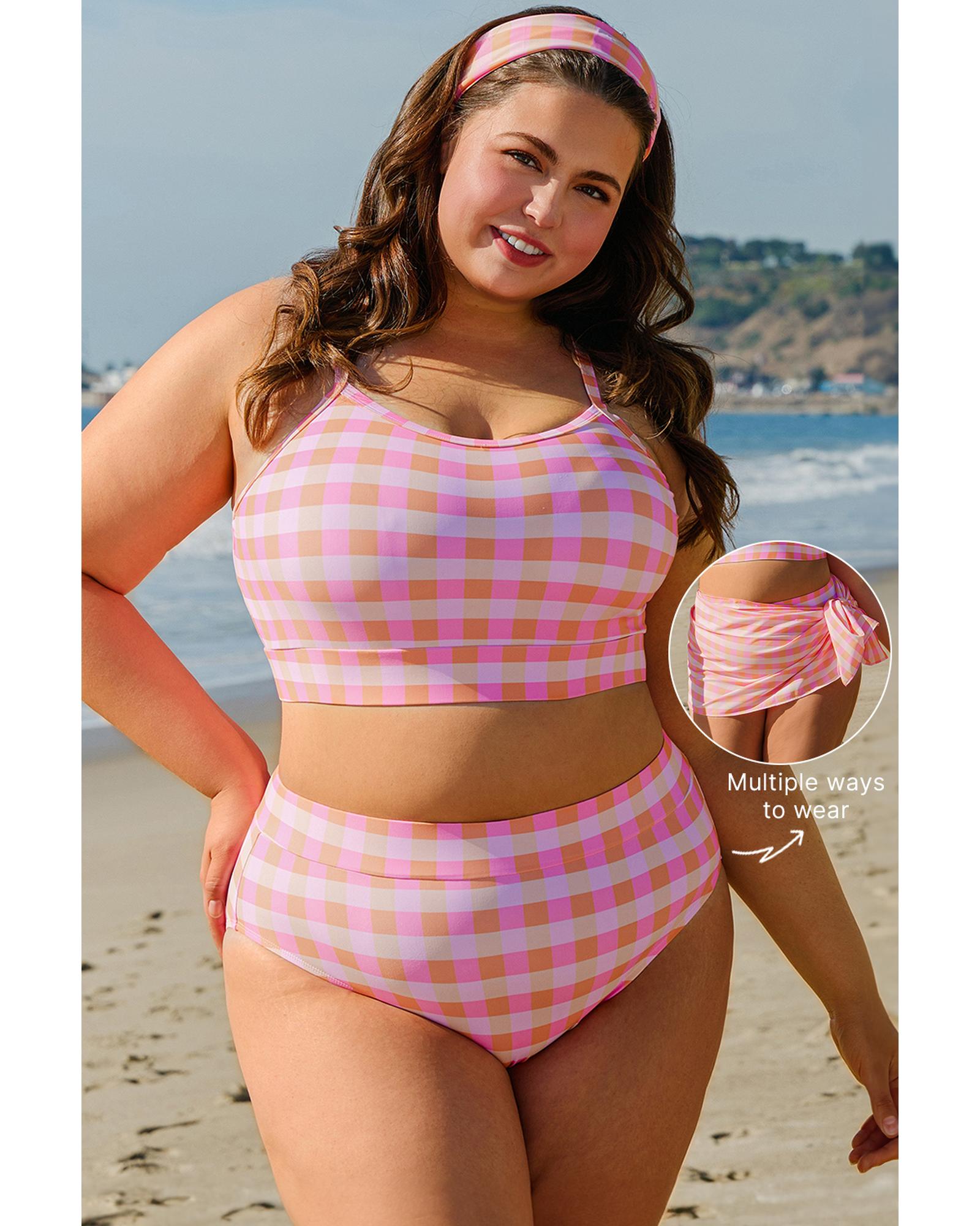 V539-AZEXPL43021-P1020-4X-202508301950-00 Pink Plus Size Plaid Print High Waist Bikini Set - 4X - Image 1