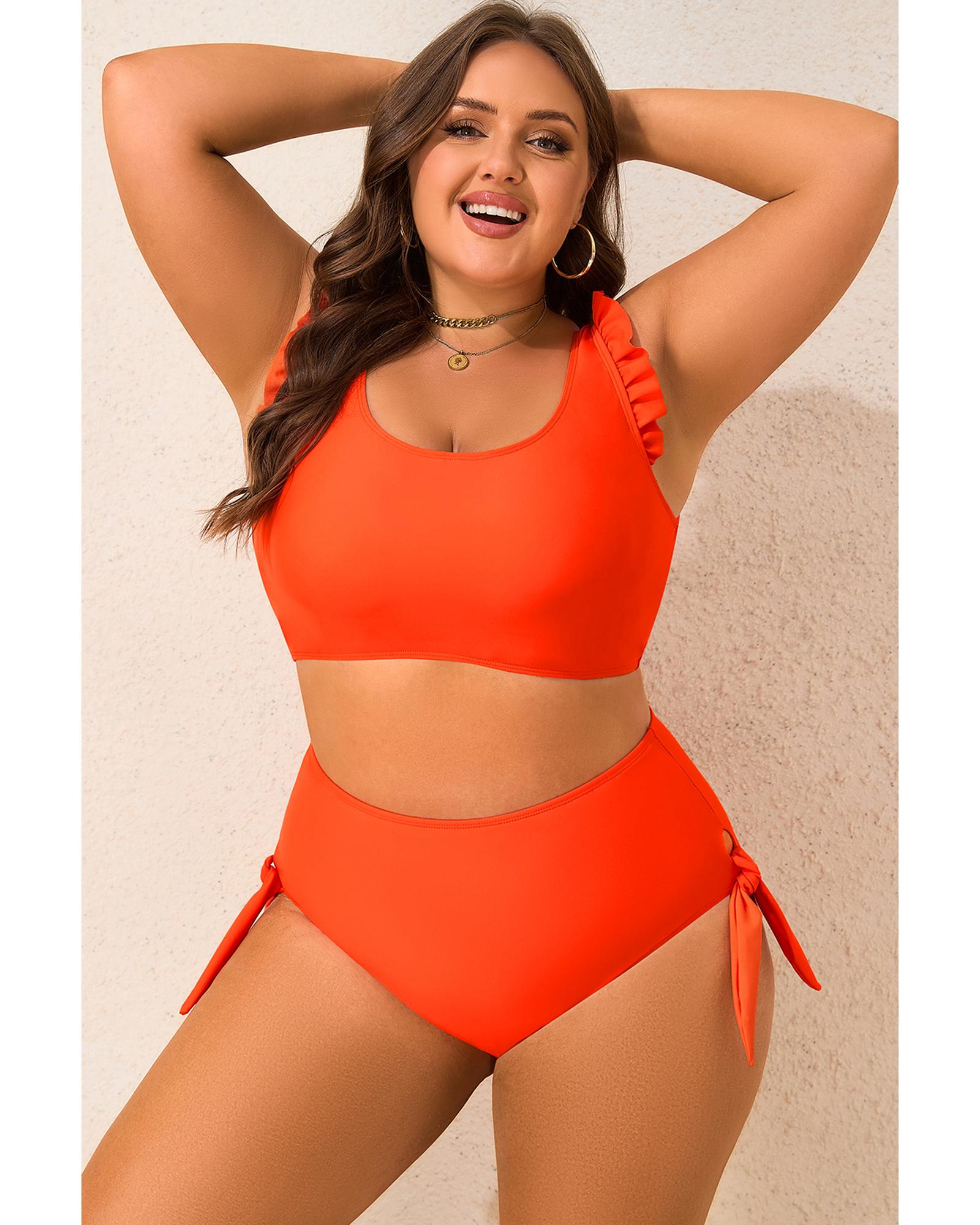 V539-AZEXPL43023-P14-3X-202508302350-00 Orange Ruffled Trim Knotted High Waist Plus Size Bikini Set - 3X - Image 1