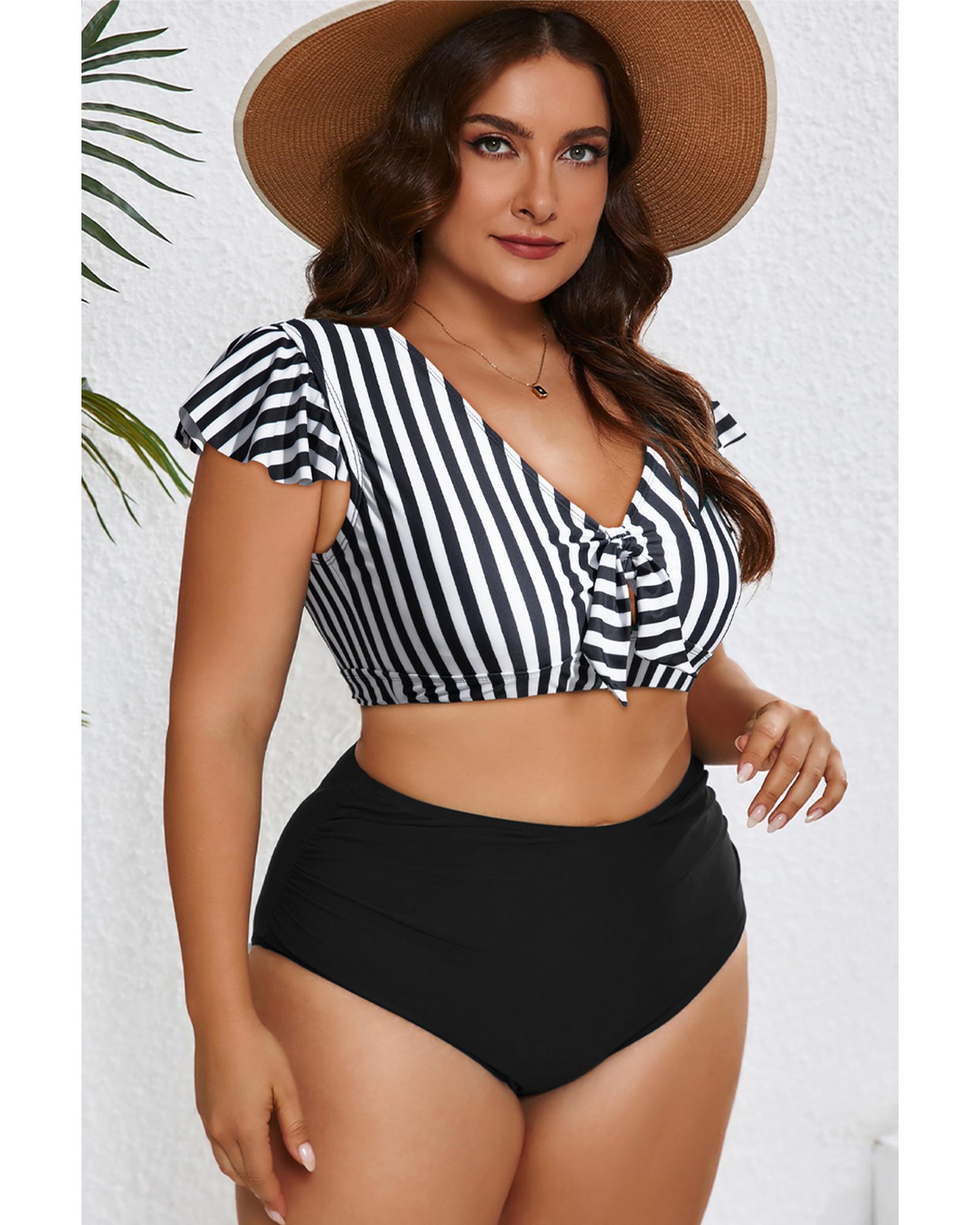 V539-AZEXPL43029-P219-1X-202506152011-00 Black Stripe Plus Size Knot Cutout Ruffle Sleeve and High Waisted 2pcs Swimsuit - 1X - Image 1