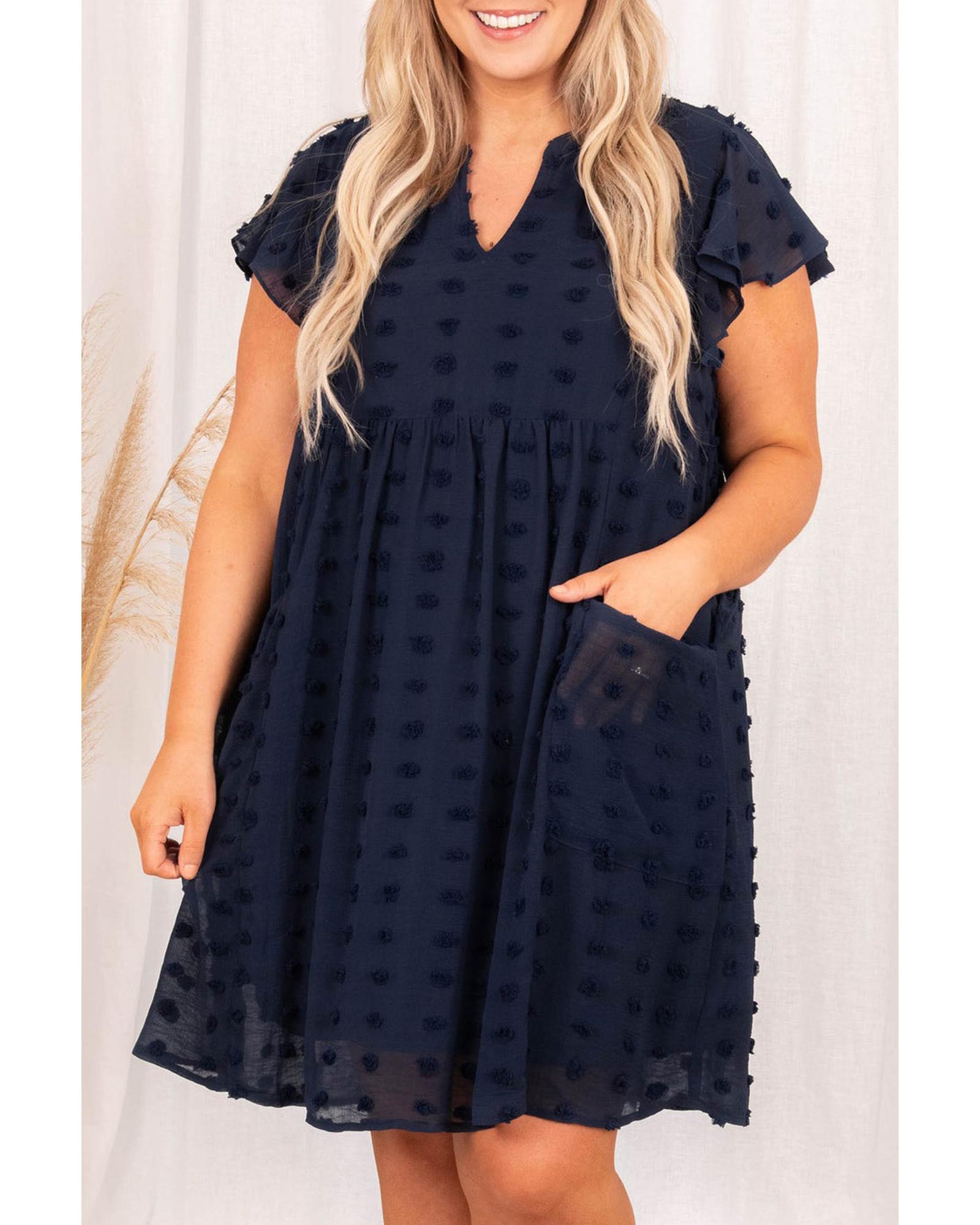 V539-AZEXPL611332-P605-4X-202508302250-00 Navy Blue Dotty Textured Notched Neck Plus Ruffled Dress - 4X - Image 1