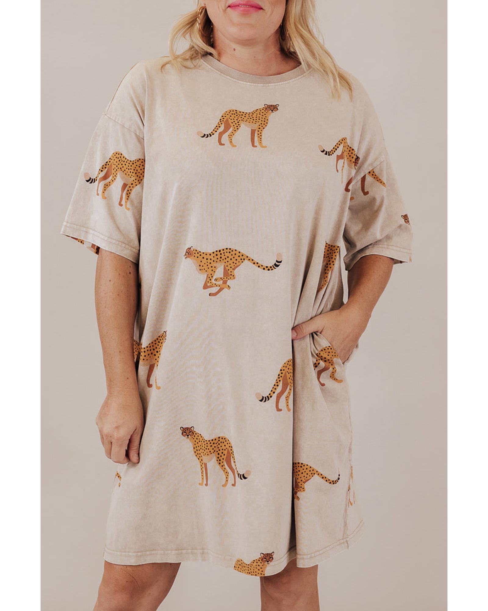 Apricot Plus Size Cheetah Print Side Pockets T Shirt Mini Dress - 1X