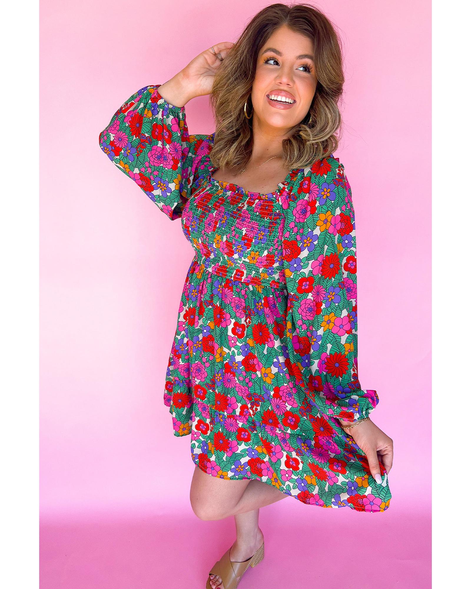 V539-AZEXPL611715-P120-2X-202508302135-00 White Plus Size Floral Frilled Square Neck Shirred Long Sleeve Dress - 2X - Image 1