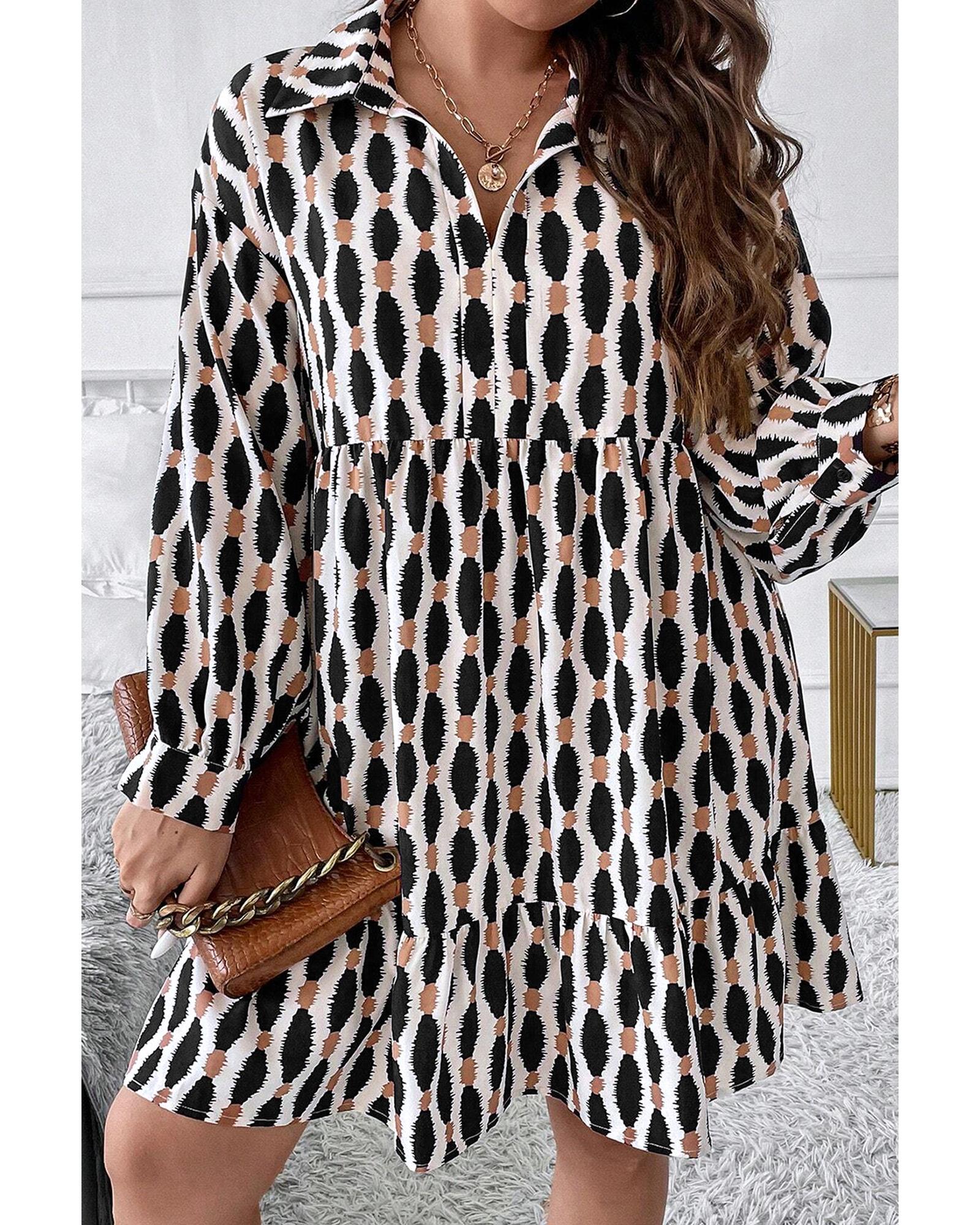 V539-AZEXPL611792-P1820-2X-202508301055-00 Apricot Geometric Print Collared V Neck Plus Size Mini Dress - 2X - Image 1