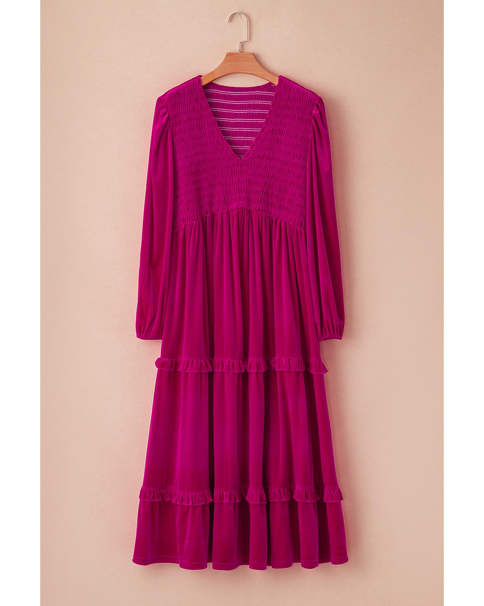 V539-AZEXPL6118066-P6-2X-202508301325-00 Rose Red Shirred V Neck Tiered Ruffled Velvet Plus Size Maxi Dress - 2X - Image 1