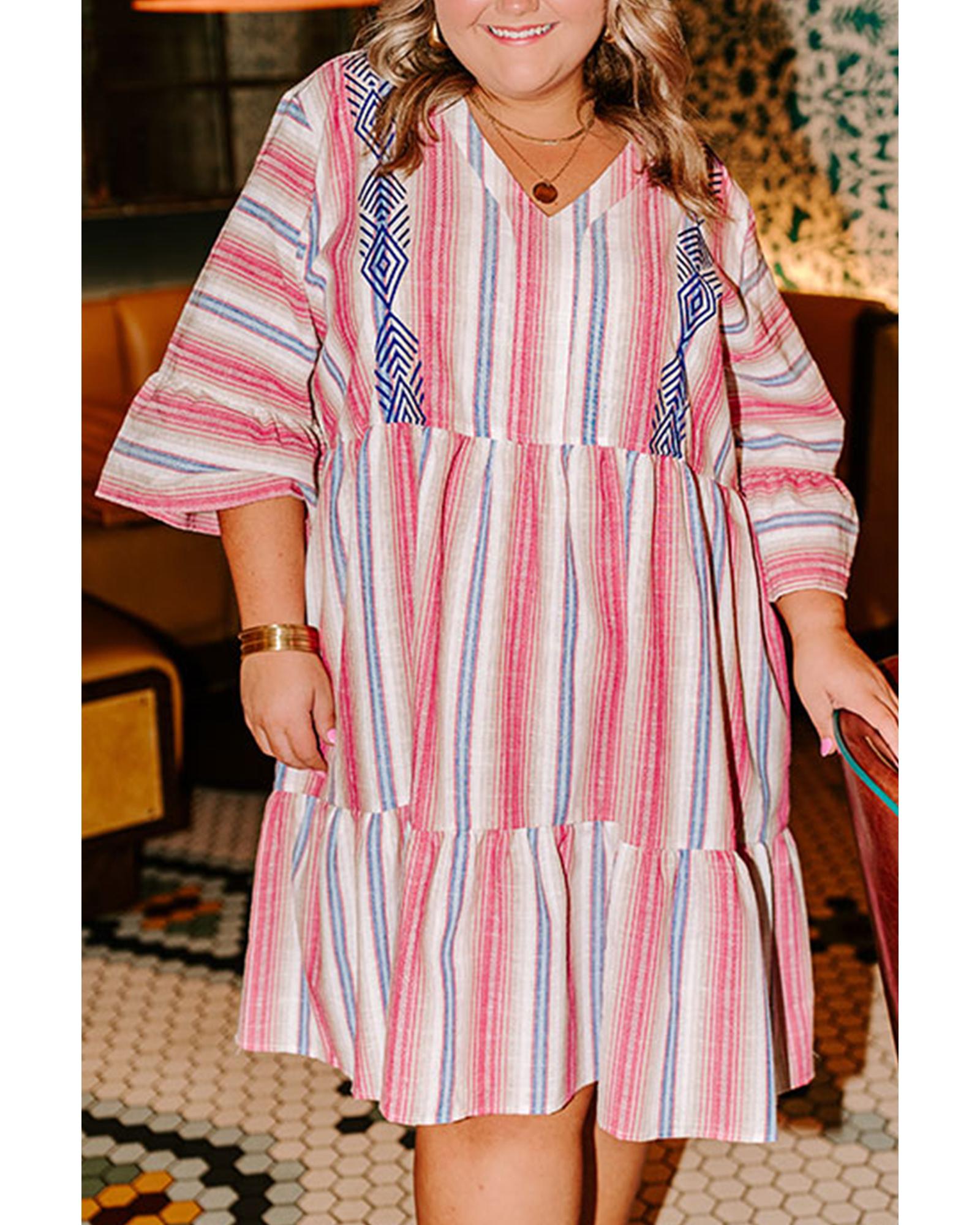 V539-AZEXPL611815-P119-2X-202508301845-00 White Stripe Plus Size Embroidered Detail Flared 3/4 Sleeve V Neck Dress - 2X - Image 1