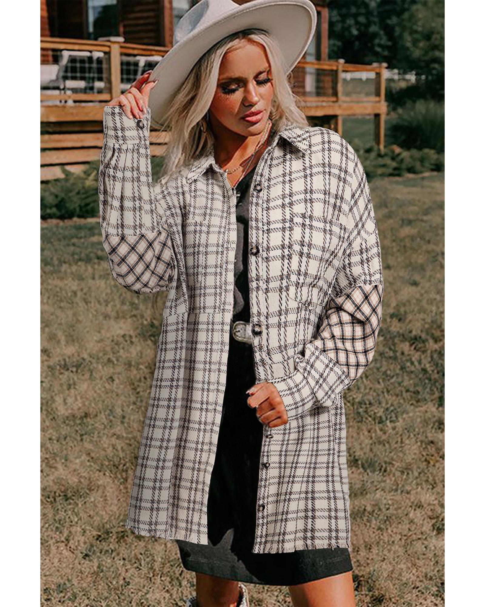 V539-AZEXPL611882-P119-1X-202506152205-00 White Stripe Plus Size Plaid Buttoned Raw Hem Tunic Shirt Dress - 1X - Image 1