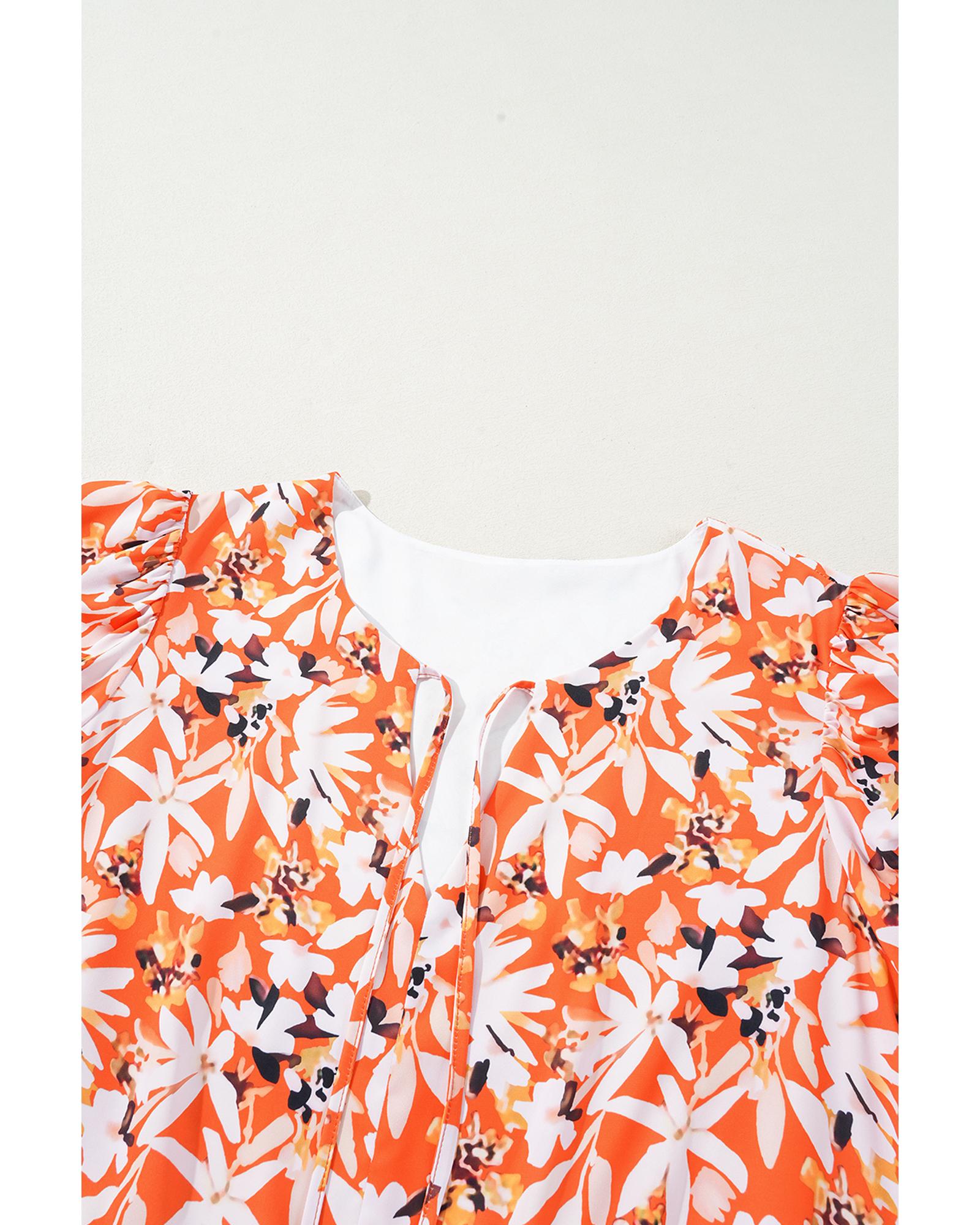 V539-AZEXPL611925-P1420-4X-202508301050-00 Orange Floral Print Split V Neck Bubble Sleeve Plus Size Midi Dress - 4X - Image 1