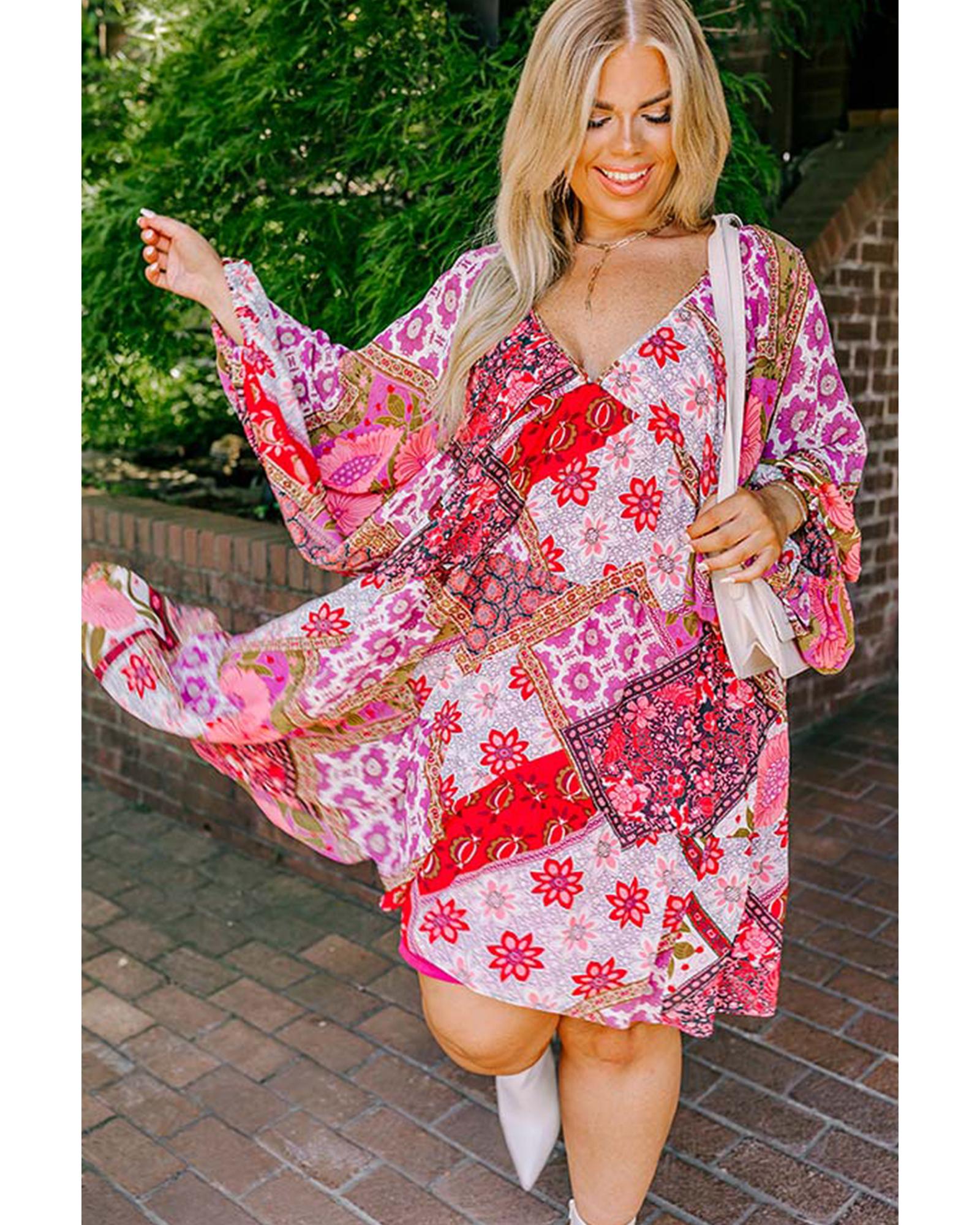 V539-AZEXPL611971-P620-1X-202506152246-00 Rose Mixed Floral Long Sleeve V Neck Lace-up Hollowed Back Plus Size Dress - 1X - Image 1