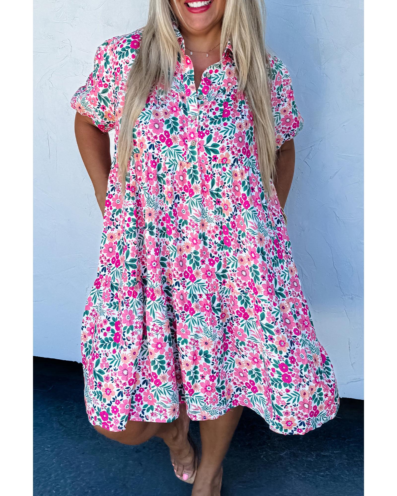 V539-AZEXPL612027-P1020-1X-202506152306-00 Pink Plus Size Floral Half Button Short Puff Sleeve A-line Dress - 1X - Image 1