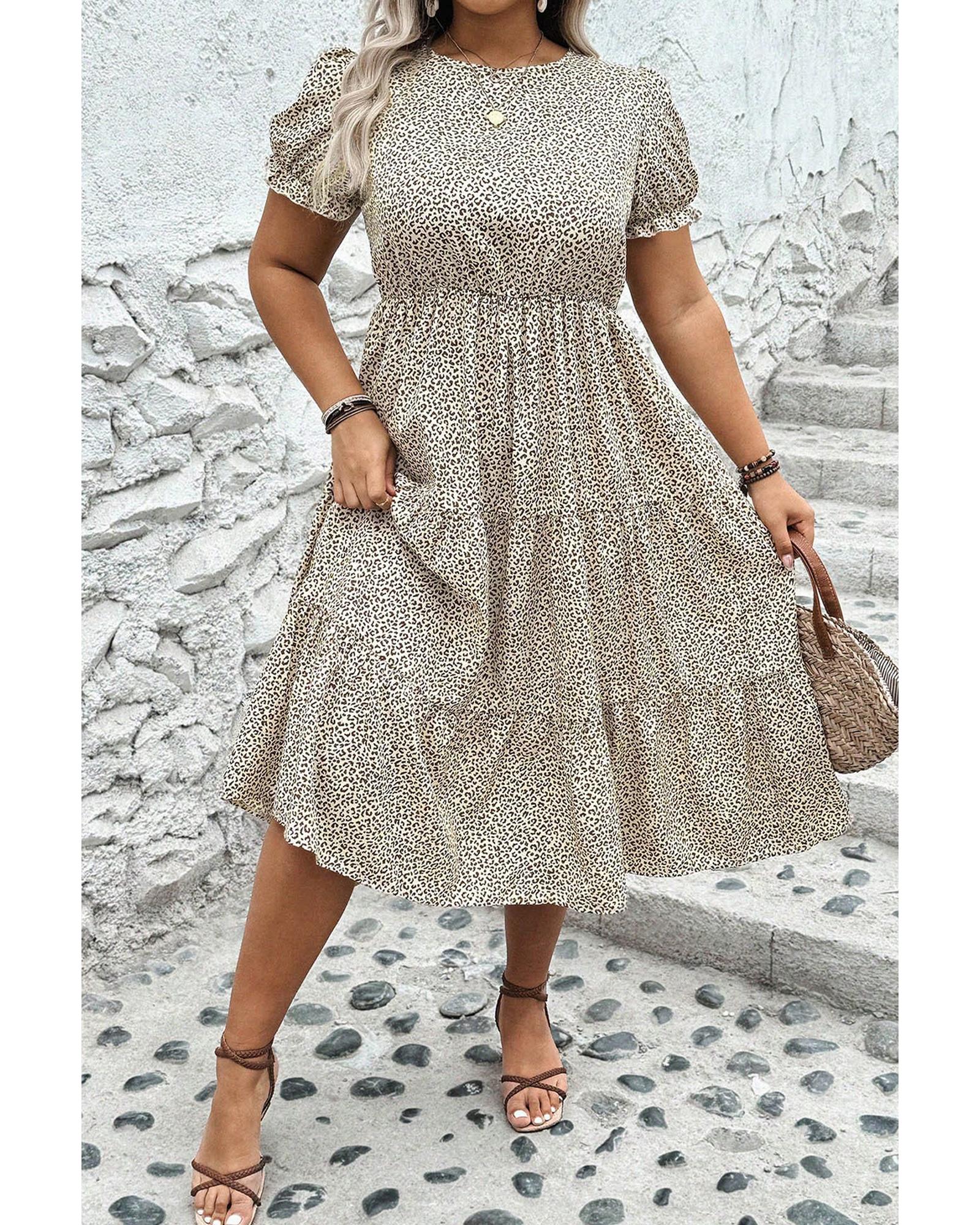 V539-AZEXPL612046-P1520-3X-202506152307-00 Beige Plus Size Leopard Print Frill Trim Short Sleeve Flared Dress - 3X - Image 1