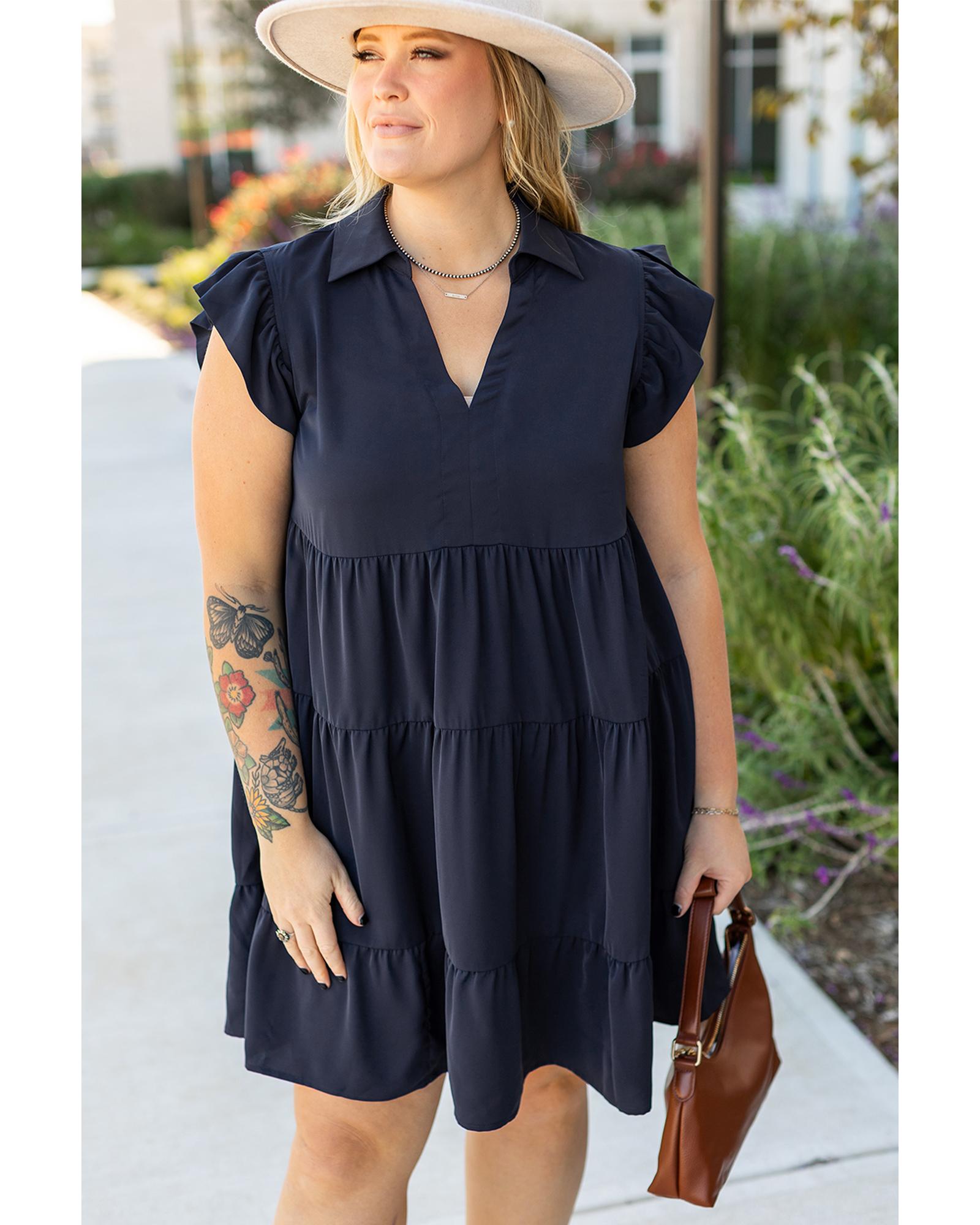 V539-AZEXPL612110-P605-1X-202506152311-00 Navy Blue Collared V Neck Flutter Sleeve Tiered Plus Size Dress - 1X - Image 1
