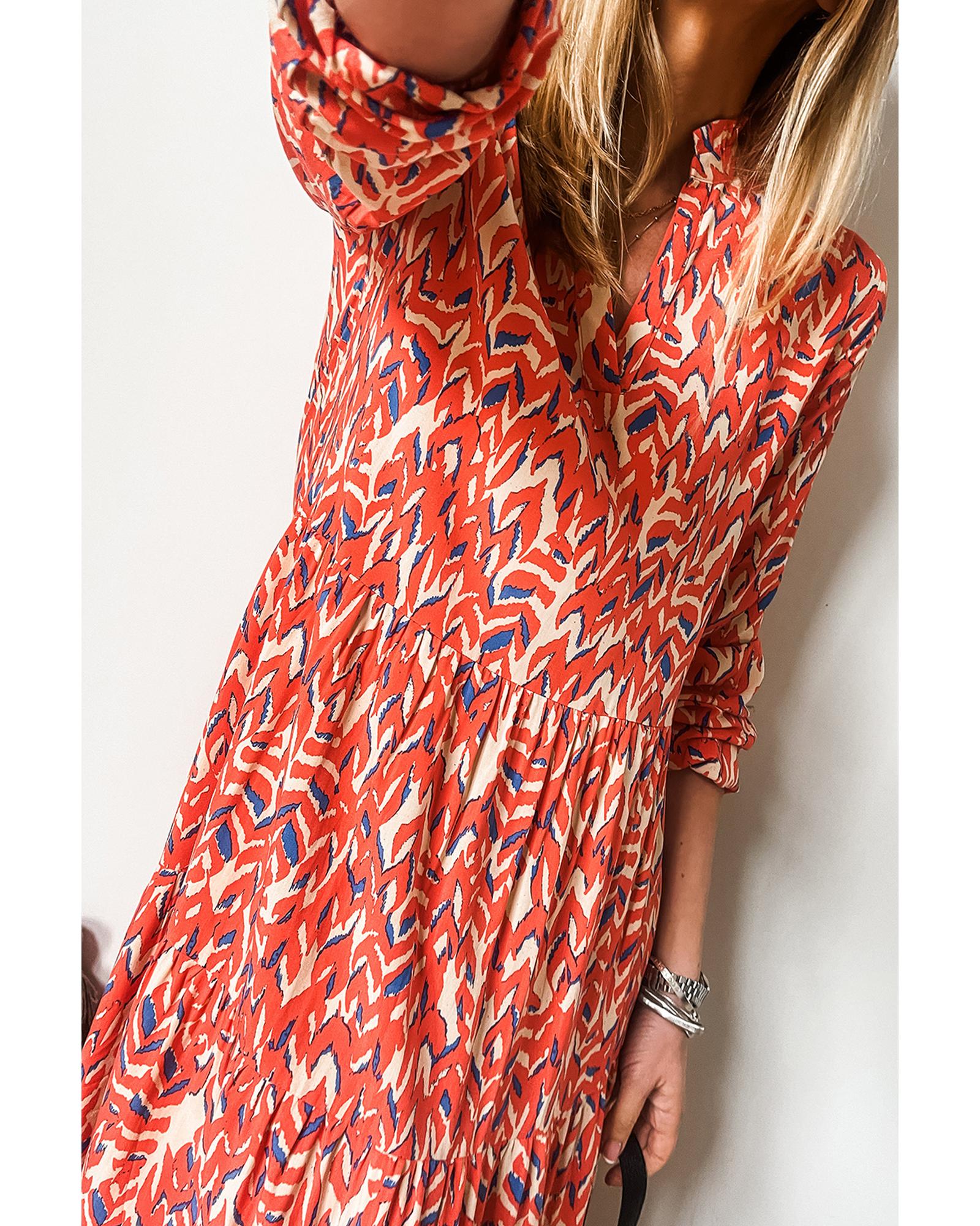V539-AZEXPL6121493-P320-3X-202508300730-00 Red Plus Size Abstract Print Notch V Neck High Waist Maxi Dress - 3X - Image 1