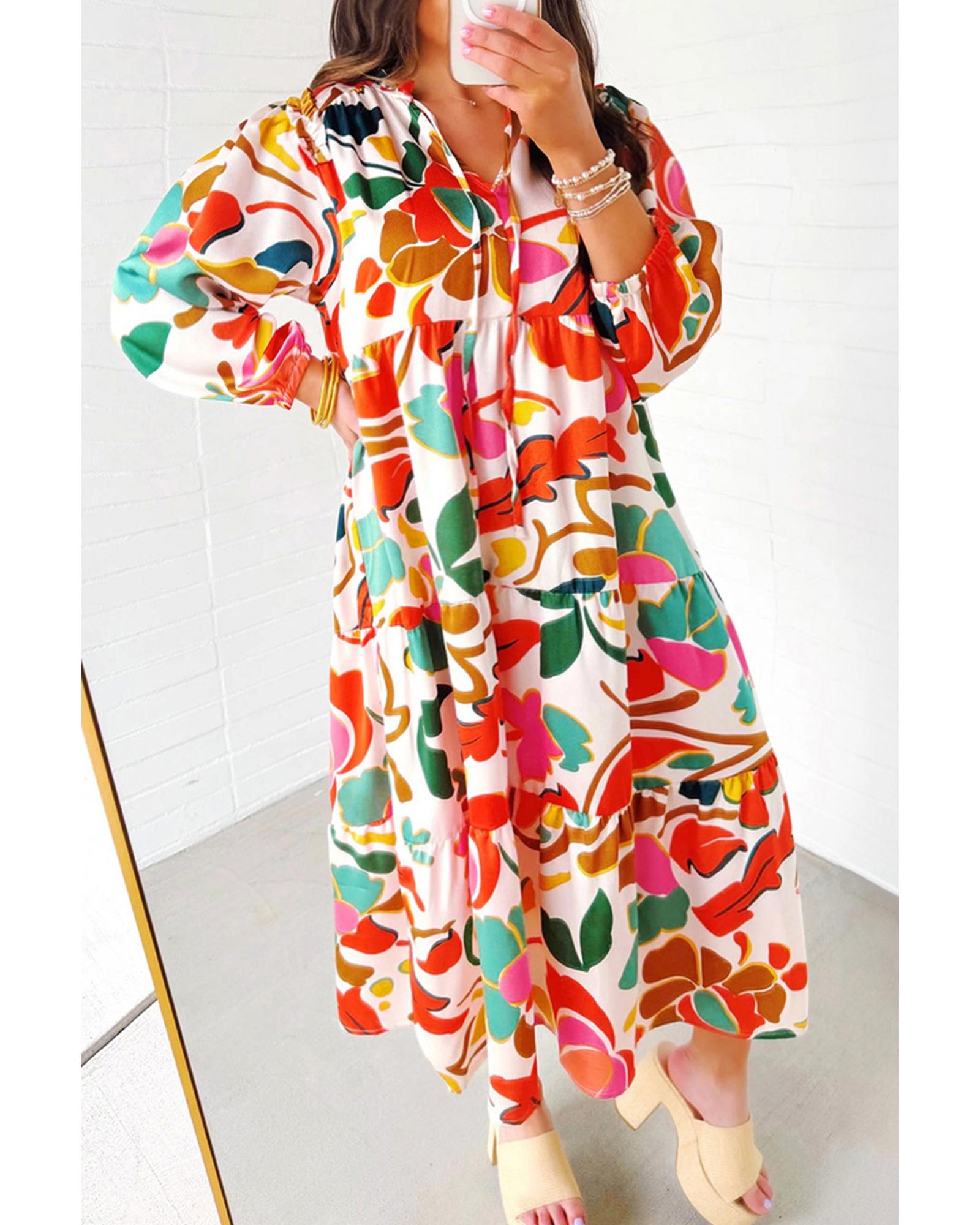 V539-AZEXPL6121578-P1422-2X-202508301545-00 Orange Floral Print Drawstring V Neck Tiered Plus Size Dress - 2X - Image 1