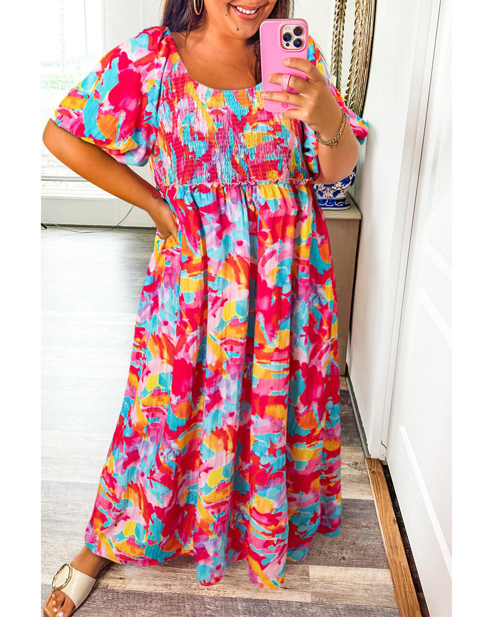 V539-AZEXPL612276-P620-1X-202506152353-00 Rose Abstract Printed Puff Sleeve Square Neck Smocked Bust Tied Back Plus Size Dress - 1X - Image 1