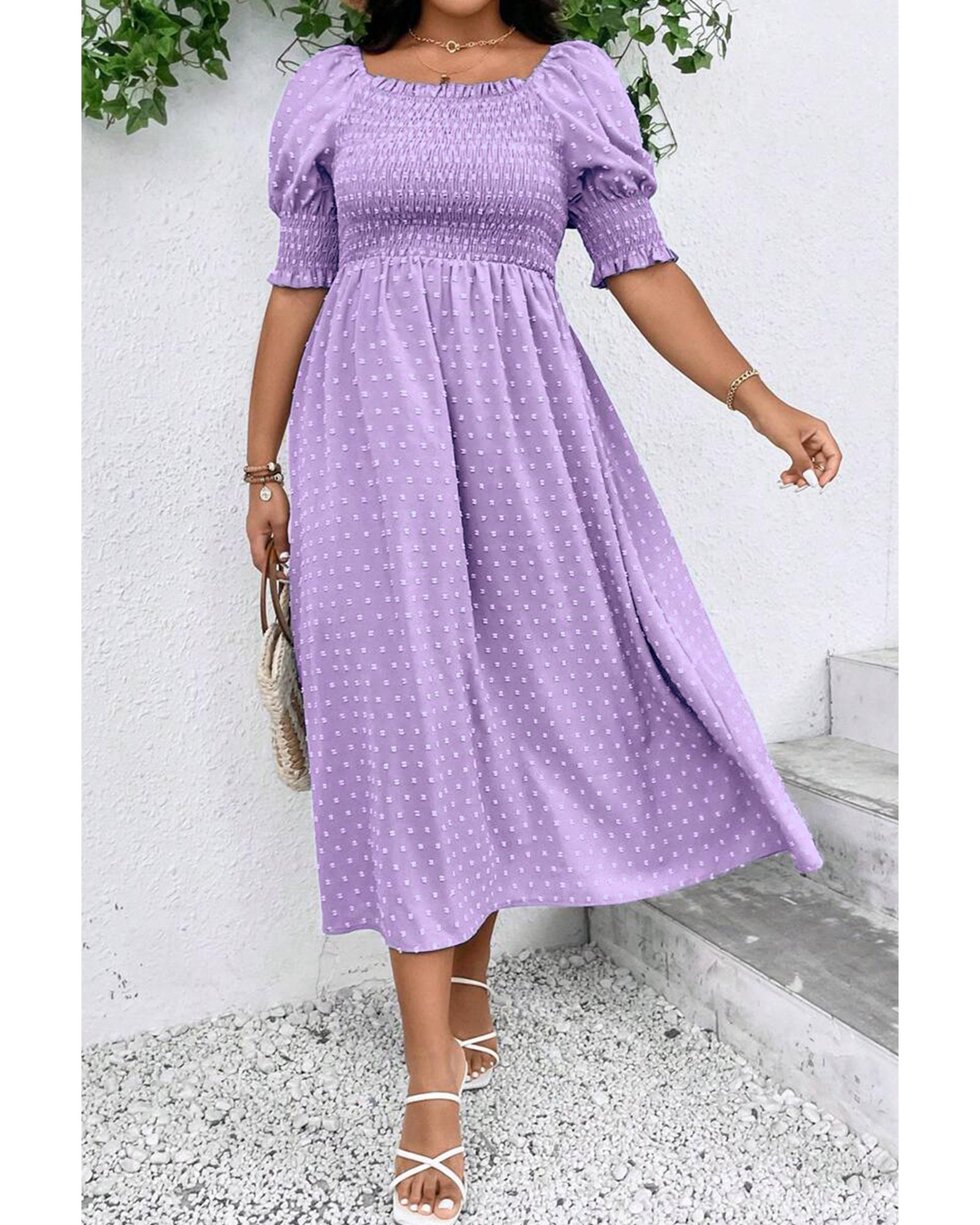 V539-AZEXPL612311-P208-2X-202508301220-00 Wisteria Swiss Dot Smocked Frilled Neckline Short Sleeve Plus Size Dress - 2X - Image 1