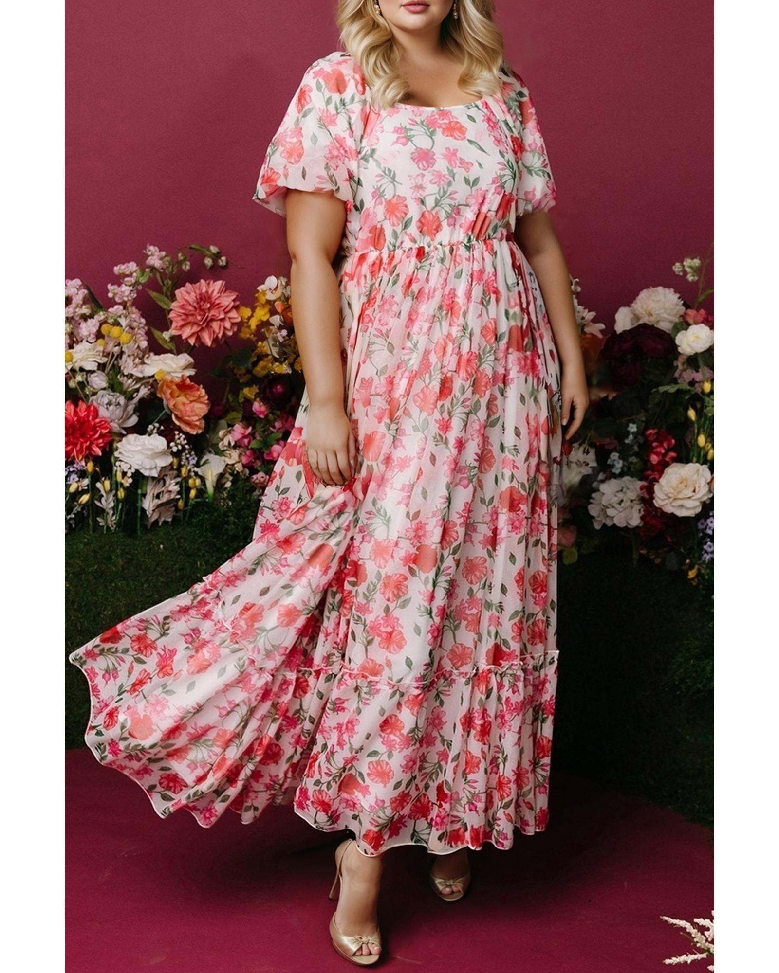 V539-AZEXPL6124210-P1020-1X-202506152112-00 Pink Plus Size Floral Square Neck Puff Sleeve Ruffle Maxi Dress - 1X - Image 1