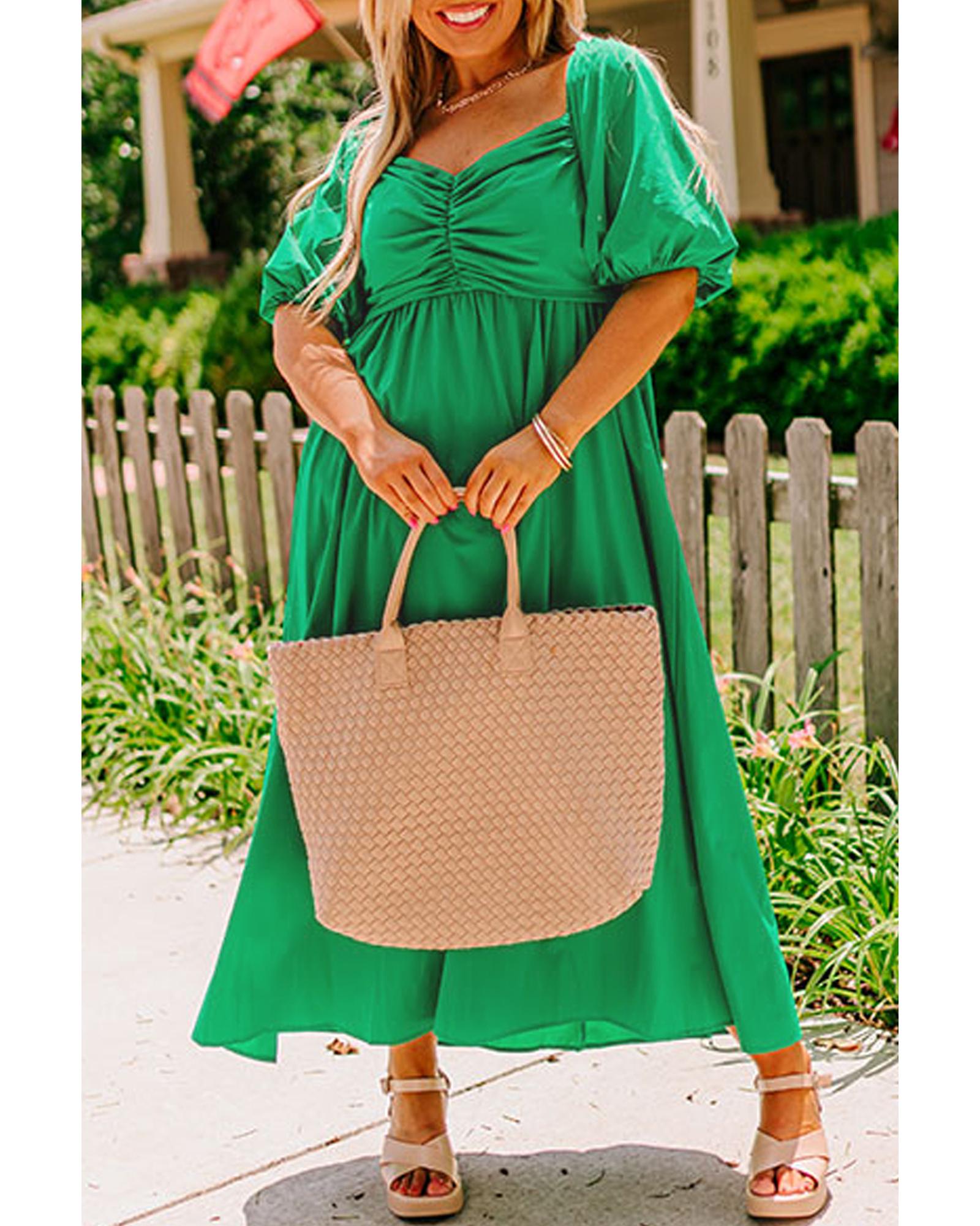 V539-AZEXPL612470-P109-2X-202508301145-00 Bright Green Ruched Front Puff Sleeve Plus Size Long Dress - 2X - Image 1