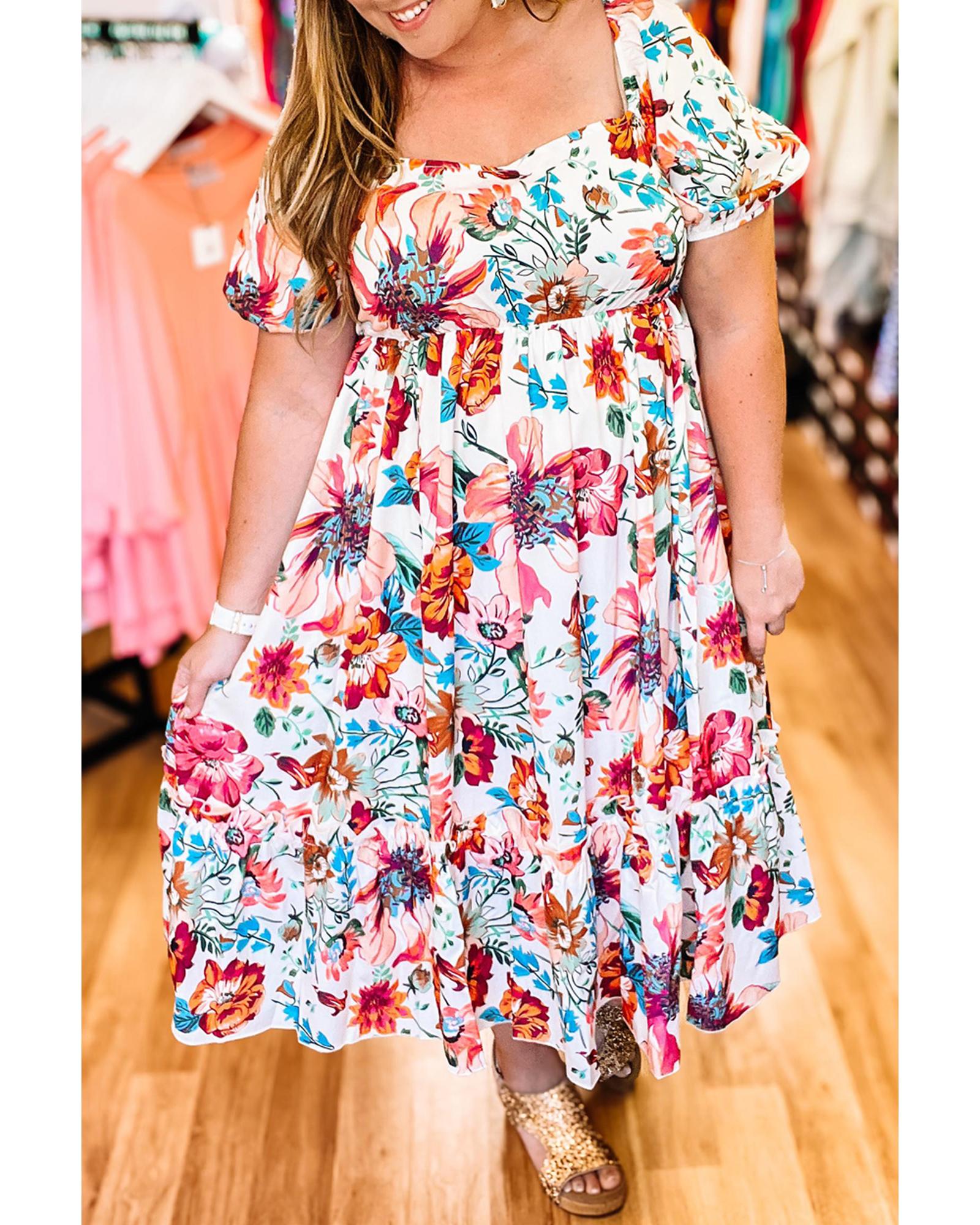 V539-AZEXPL612567-P120-4X-202508301745-00 White Floral Square Neck Puff Sleeve Flowy Plus Size Midi Dress - 4X - Image 1