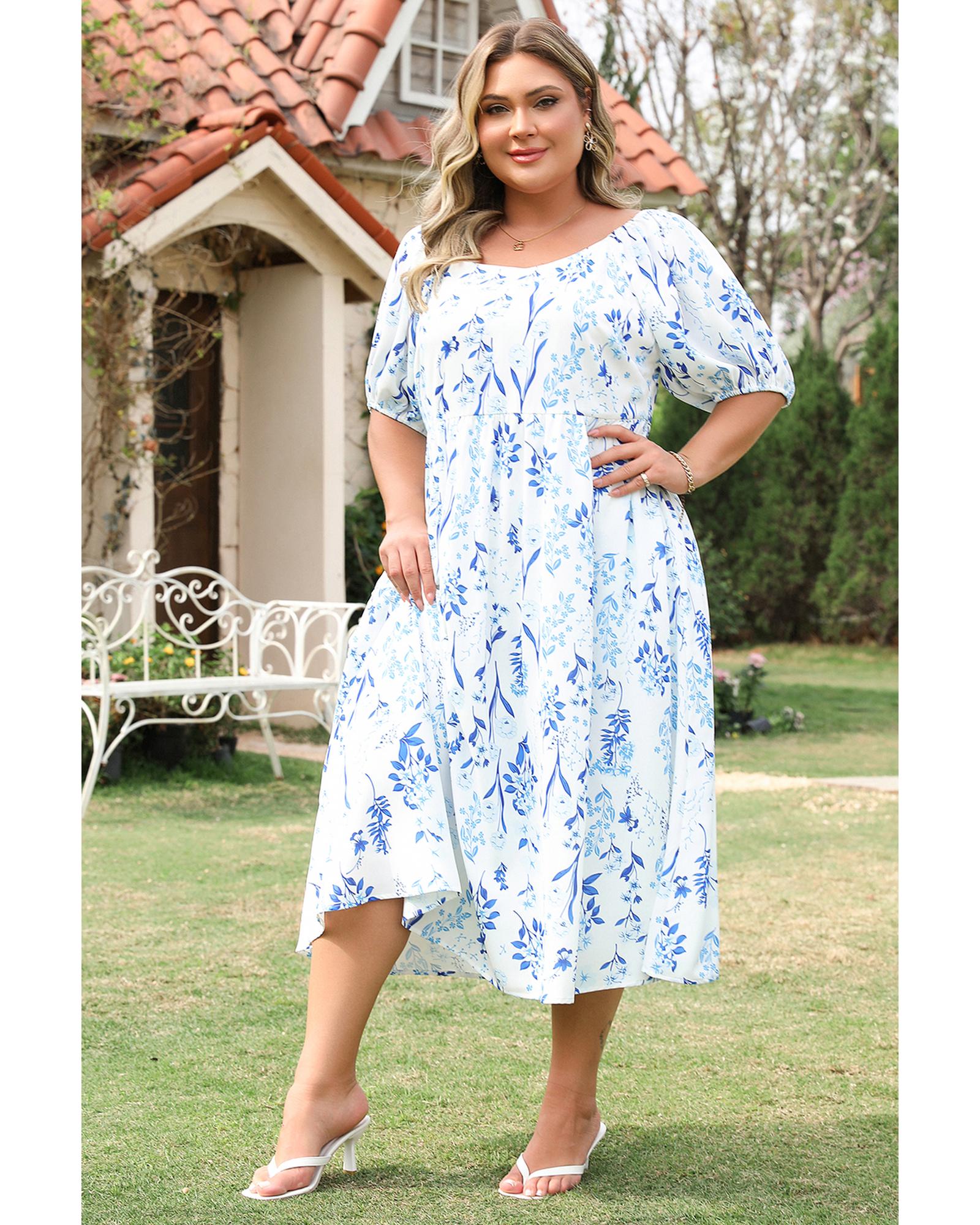 V539-AZEXPL612662-P420-3X-202508302230-00 Sky Blue Floral Print Sweetheart Neck Plus Size Midi Dress - 3X - Image 1
