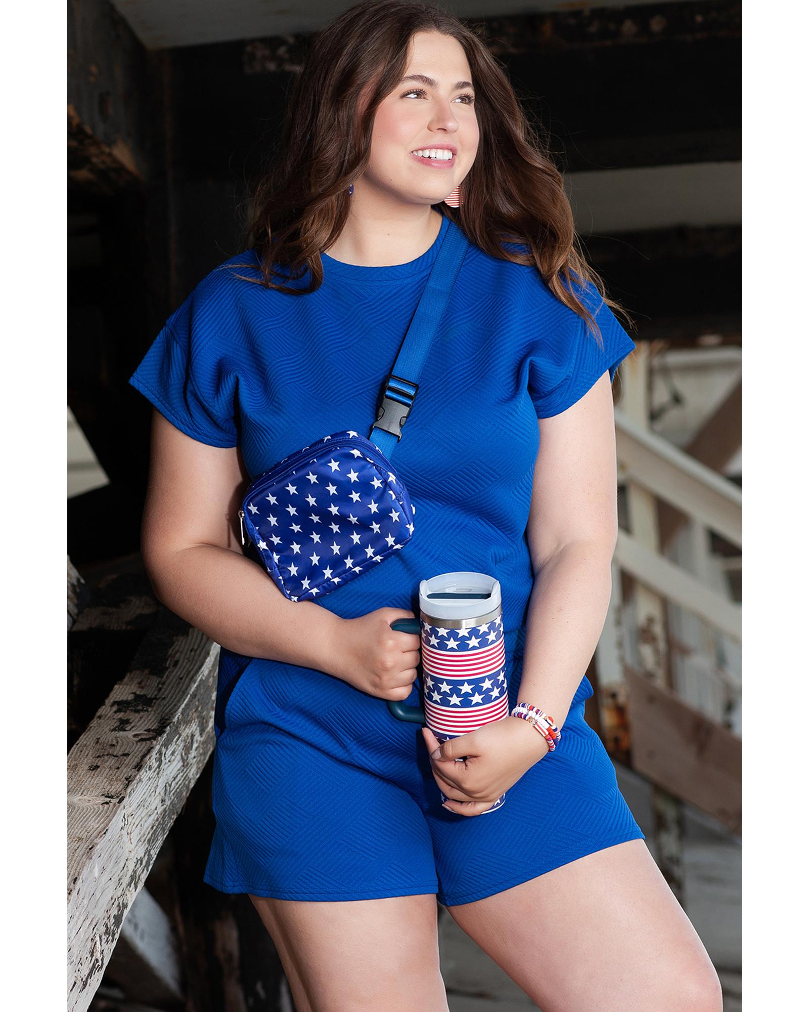 V539-AZEXPL62079-P5-3X-202508301620-00 Dark Blue Plus Size Fashion Textured Short 2pcs Outfit - 3X - Image 1