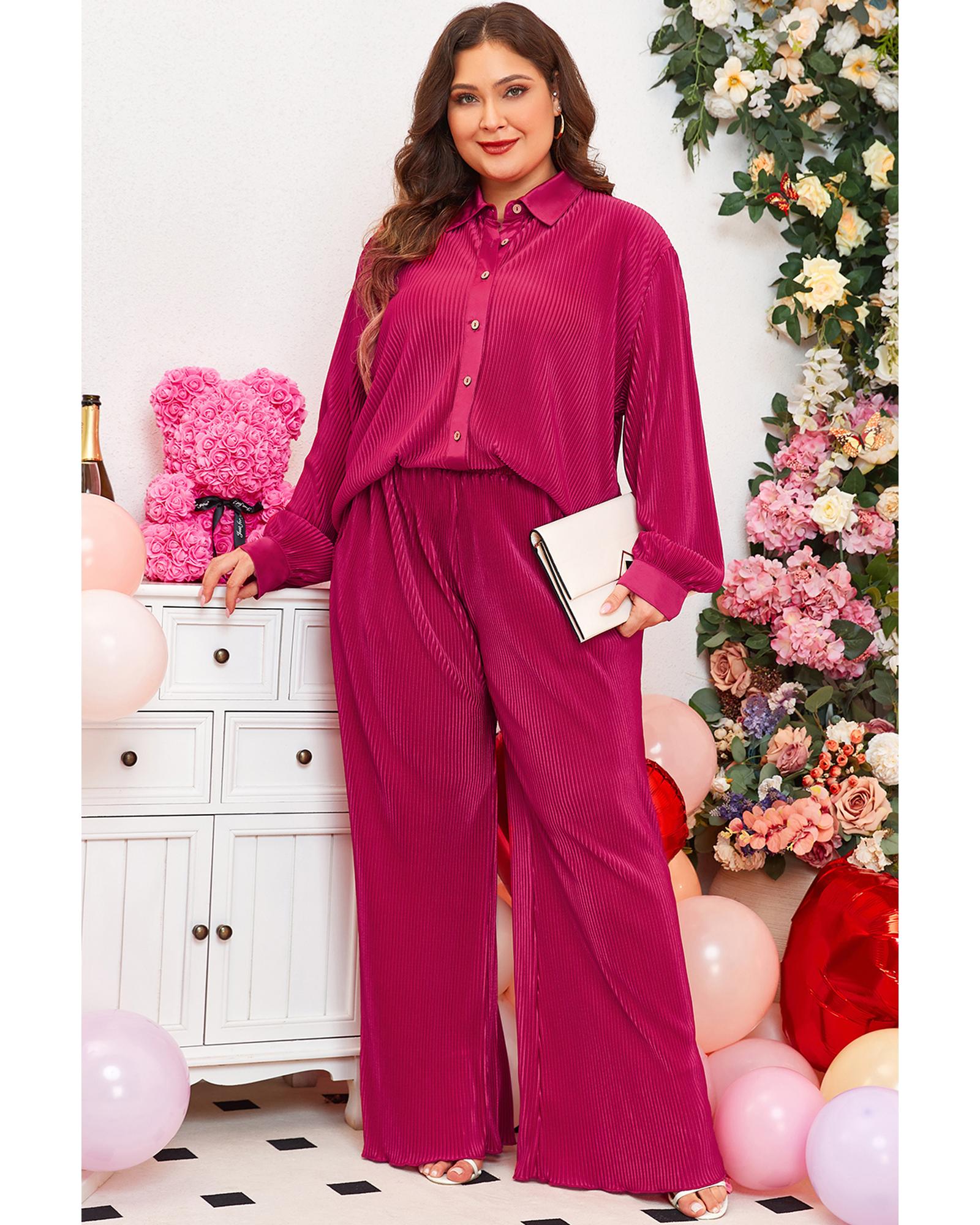 V539-AZEXPL62157-P6-1X-202506152232-00 Rose Red Plus Size Ribbed Long Sleeve Shirt and Pants Pajama Set - 1X - Image 1