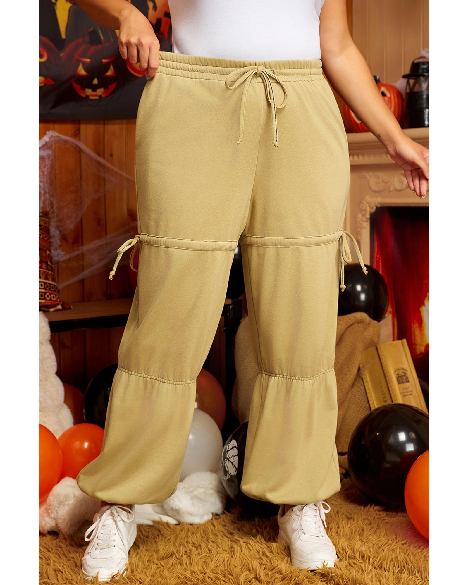 V539-AZEXPL771386-P207-1X-202506152336-00 Beige Drawstring Adjusted Band High Waist Plus Size Pants - 1X - Image 1