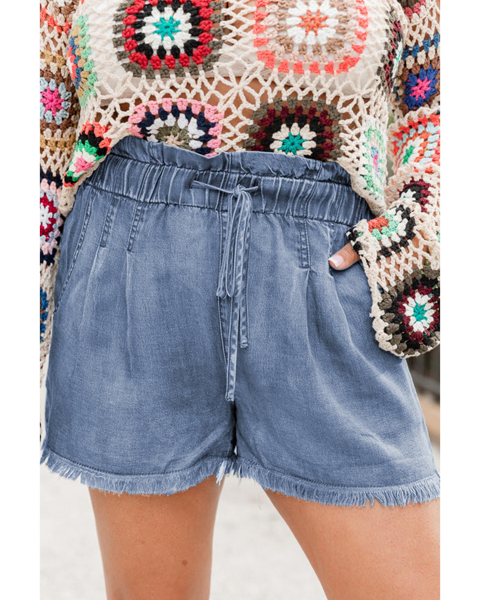 V539-AZEXPL783048-P704-2X-202508302130-00 Dusk Blue Raw Hem Lace-up High Waist Plus Size Denim Shorts - 2X - Image 1