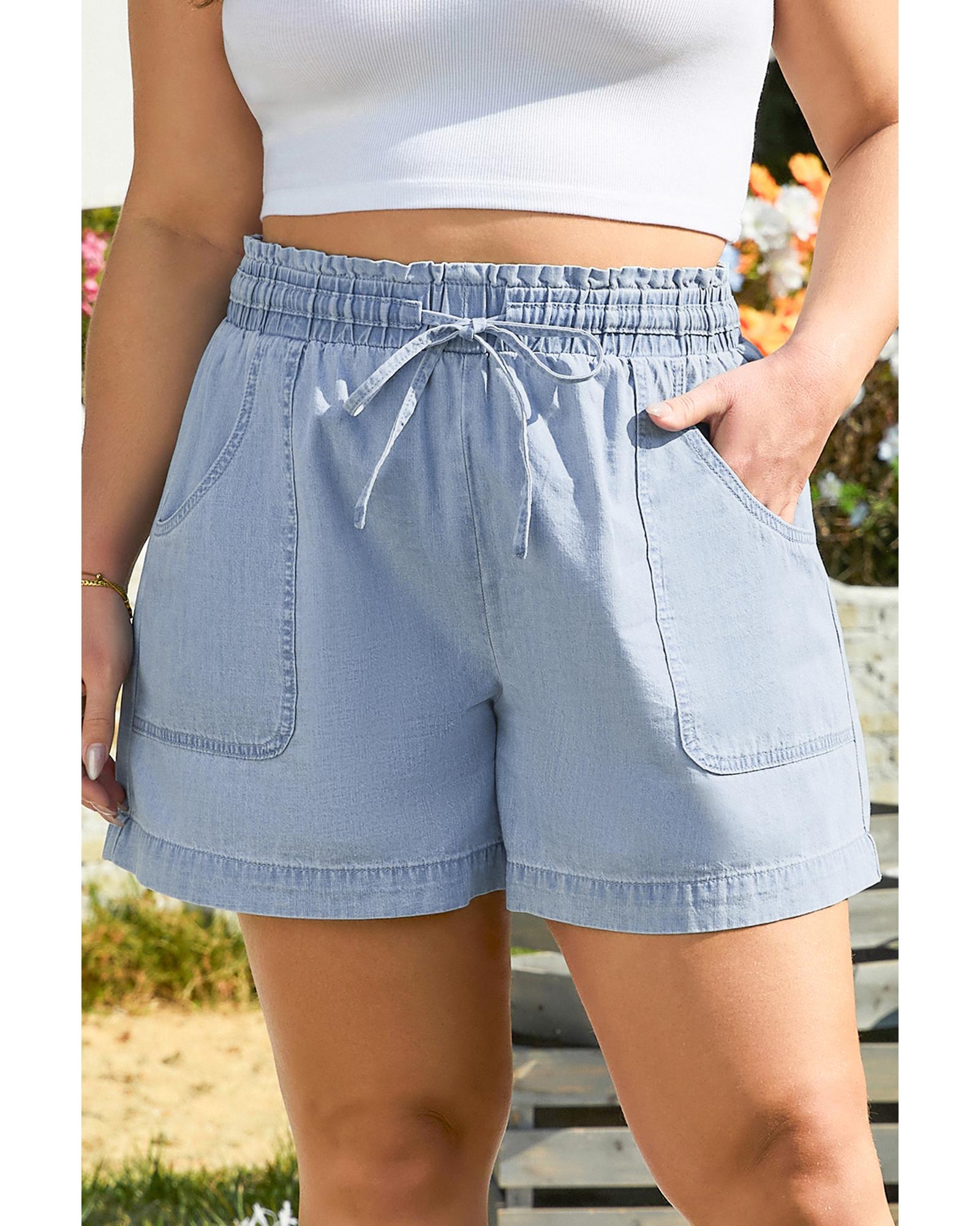 V539-AZEXPL783053-P804-4X-202508310110-00 Beau Blue Pocketed Drawstring High Waist Plus Size Denim Shorts - 4X - Image 1