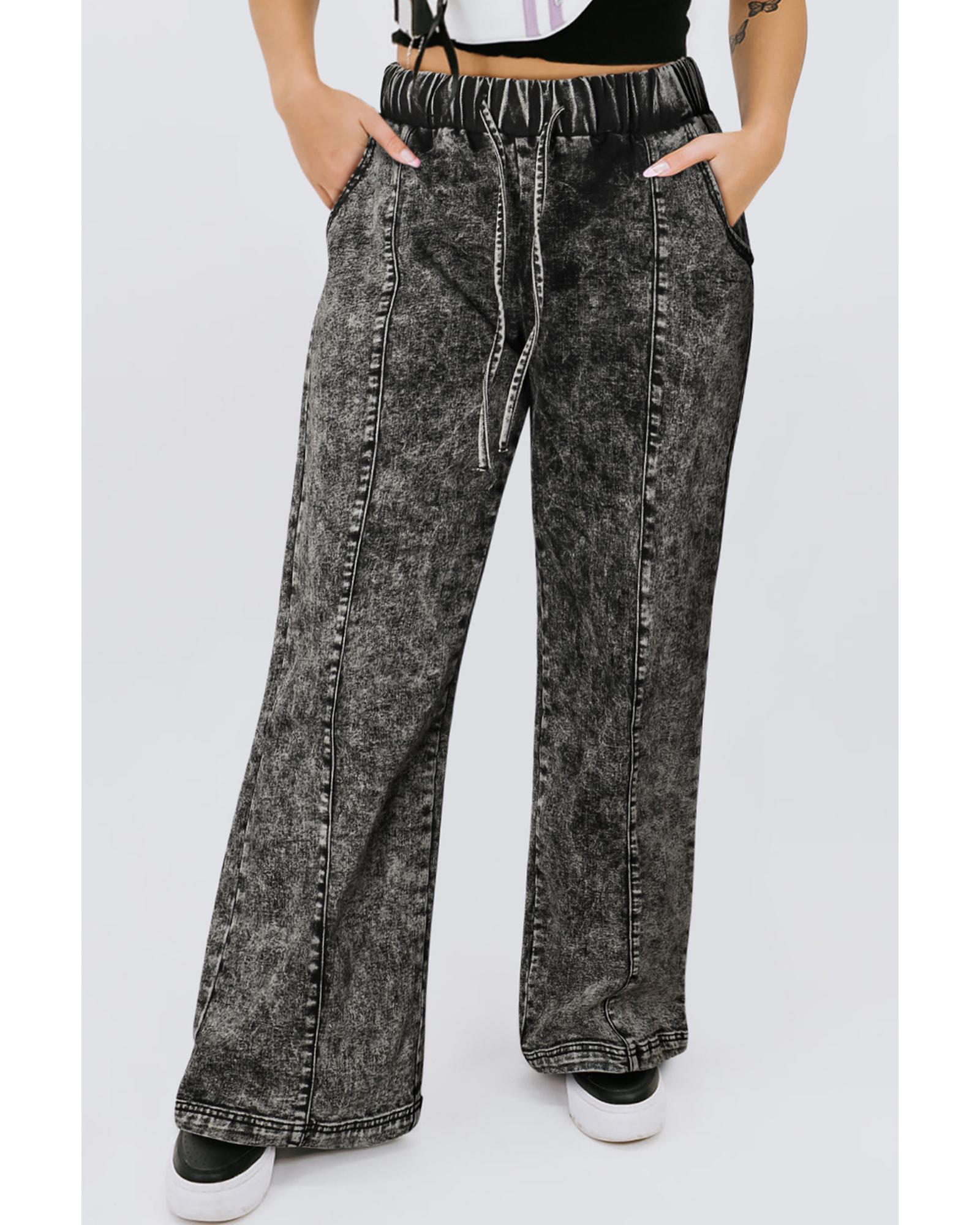 V539-AZEXPL787148-P2-1X-202506152040-00 Black Plus Size Tie Dye Drawstring Splicing Wide Leg Jeans - 1X - Image 1