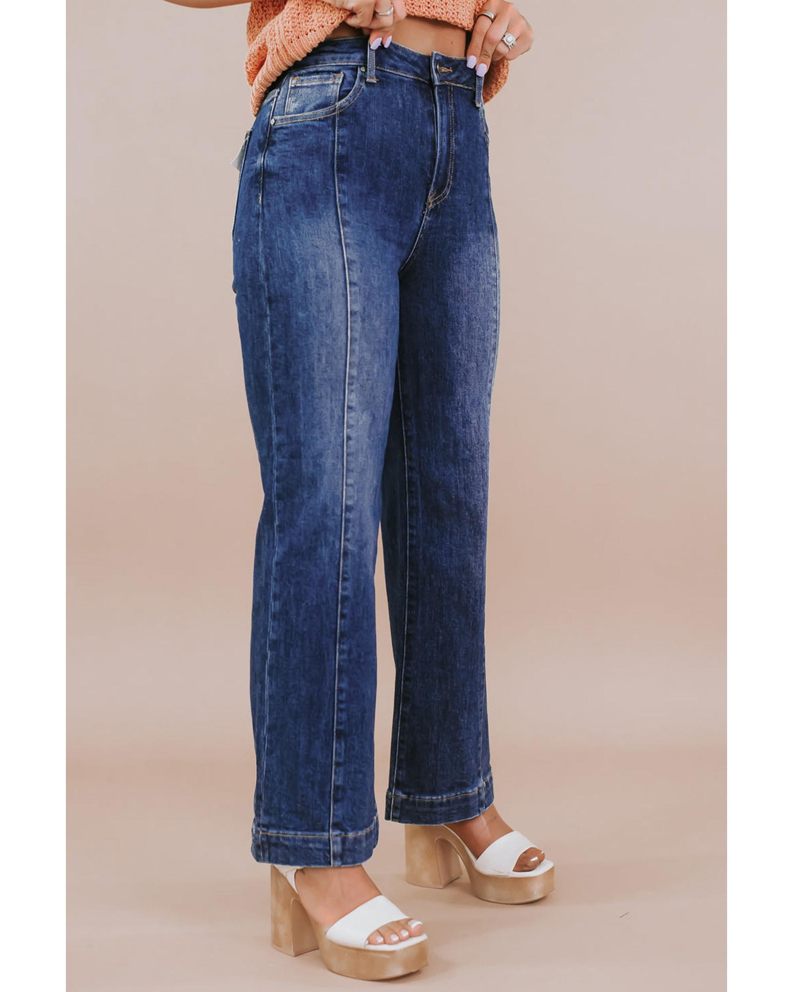 V539-AZEXPL787177-P605-4X-202508301720-00 Navy Blue Plus Size Seamed Wide Leg High Waist Jeans - 4X - Image 1