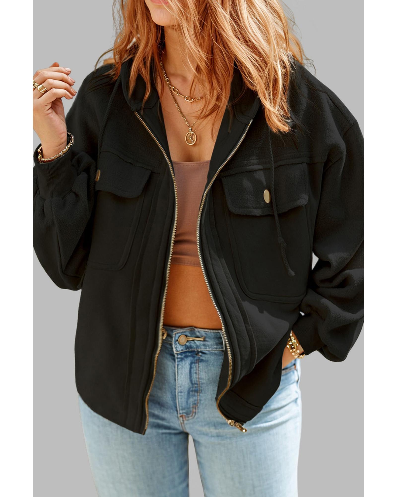 V539-AZEXPL851159-P2-3X-202508302235-00 Black Plus Size Bishop Sleeve Zip Up Hooded Jacket - 3X - Image 1