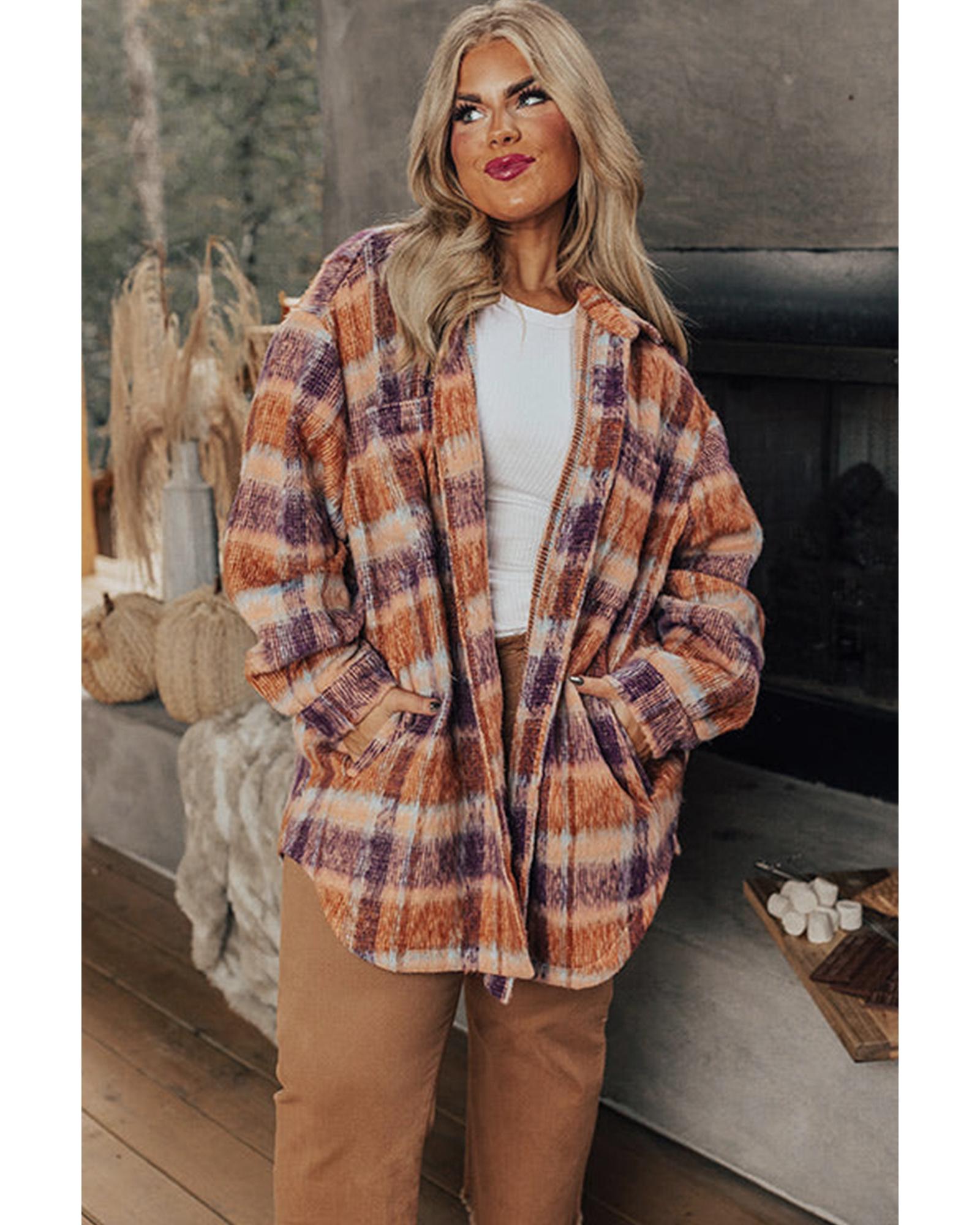 V539-AZEXPL851225-P22-2X-202508301015-00 Multicolour Plus Size Plaid Print Collared Button up Jacket - 2X - Image 1