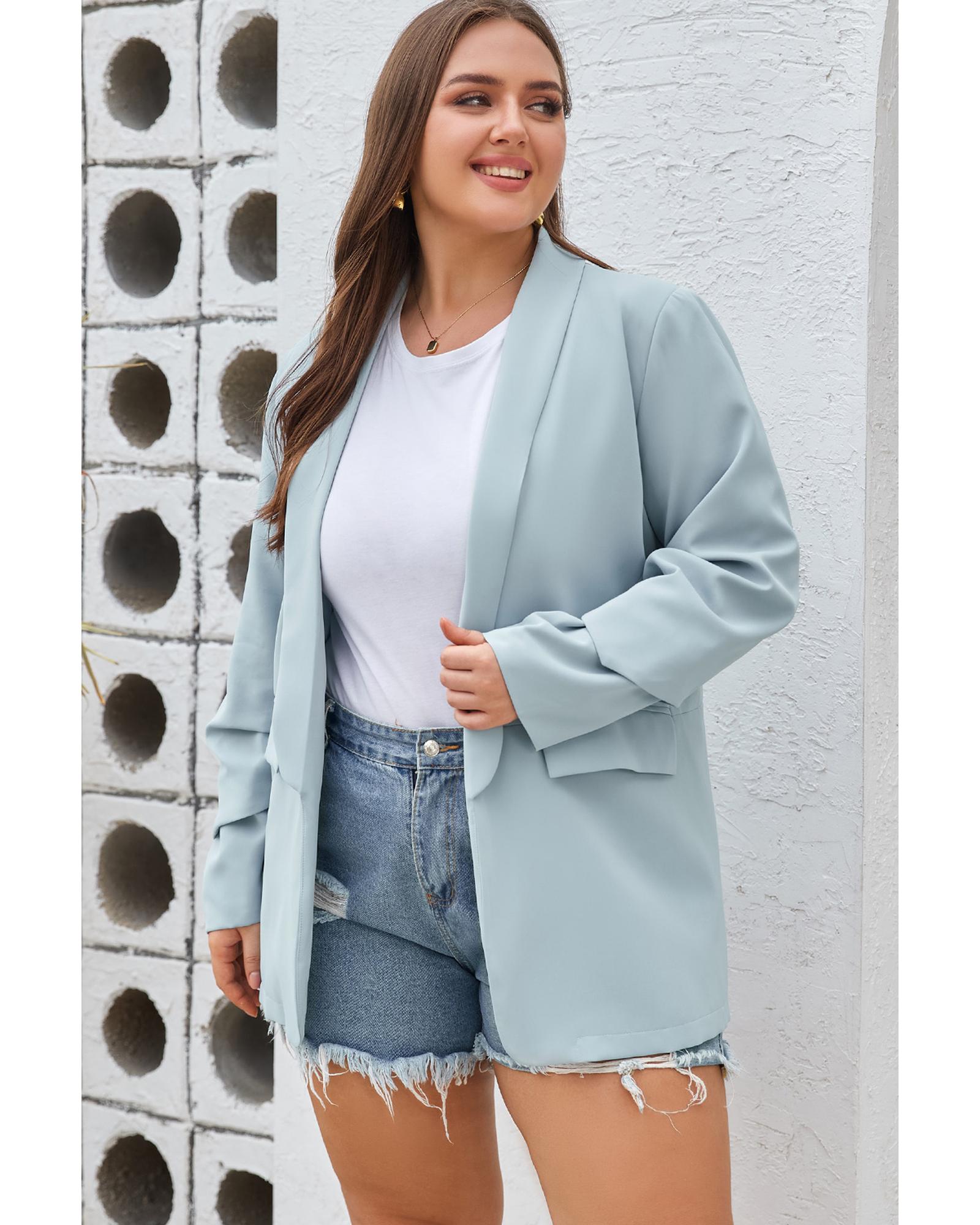 V539-AZEXPL852006-4-3X-202508301925-00 Sky Blue Plus Size Soft Lightweight Pocketed Lapel Blazer - 3X - Image 1