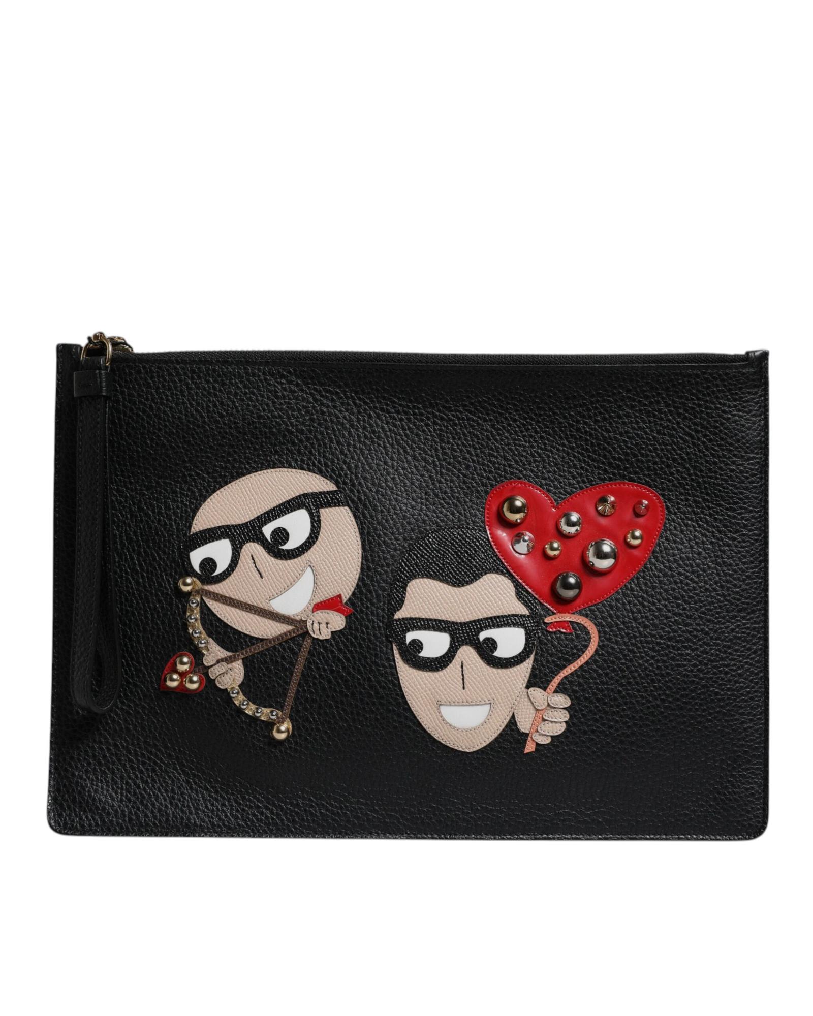 V539-BAG4280-202506160320-00 Dolce & Gabbana Women's Black #DGFamily Embellished Leather Clutch Bag - One Size - Image 1