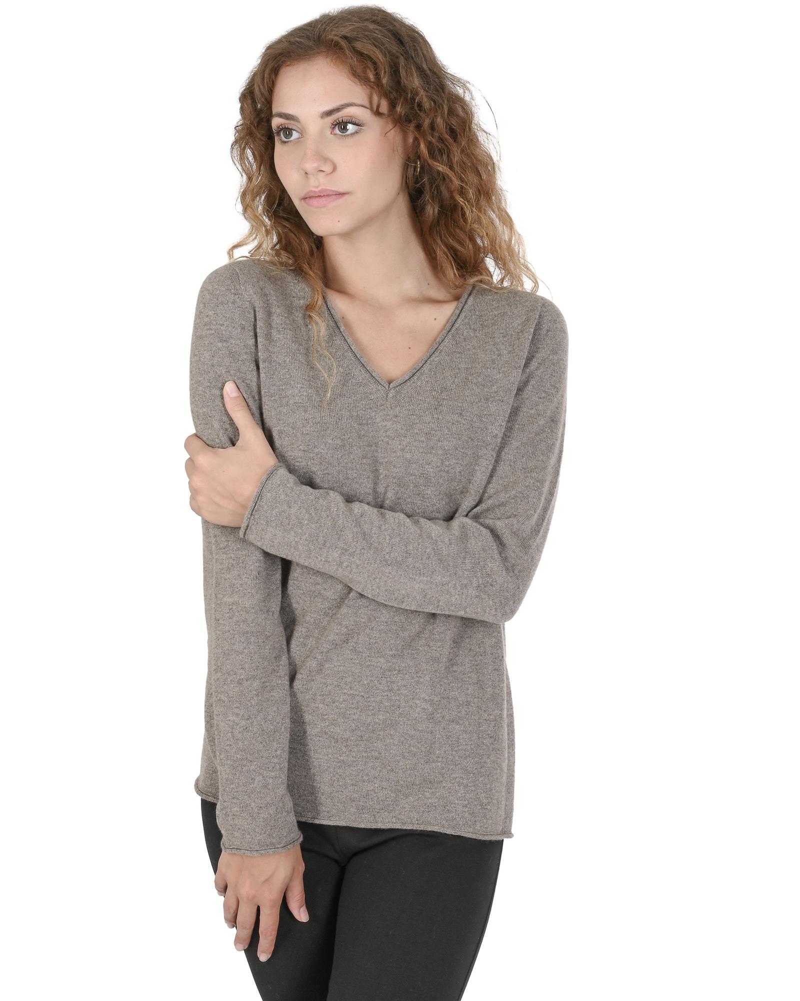 V539-BTB108338-169138-00 Crown of Edinburgh Cashmere Women's Premium Cashmere V-Neck Sweater in Taupe - 40 EU - Image 1