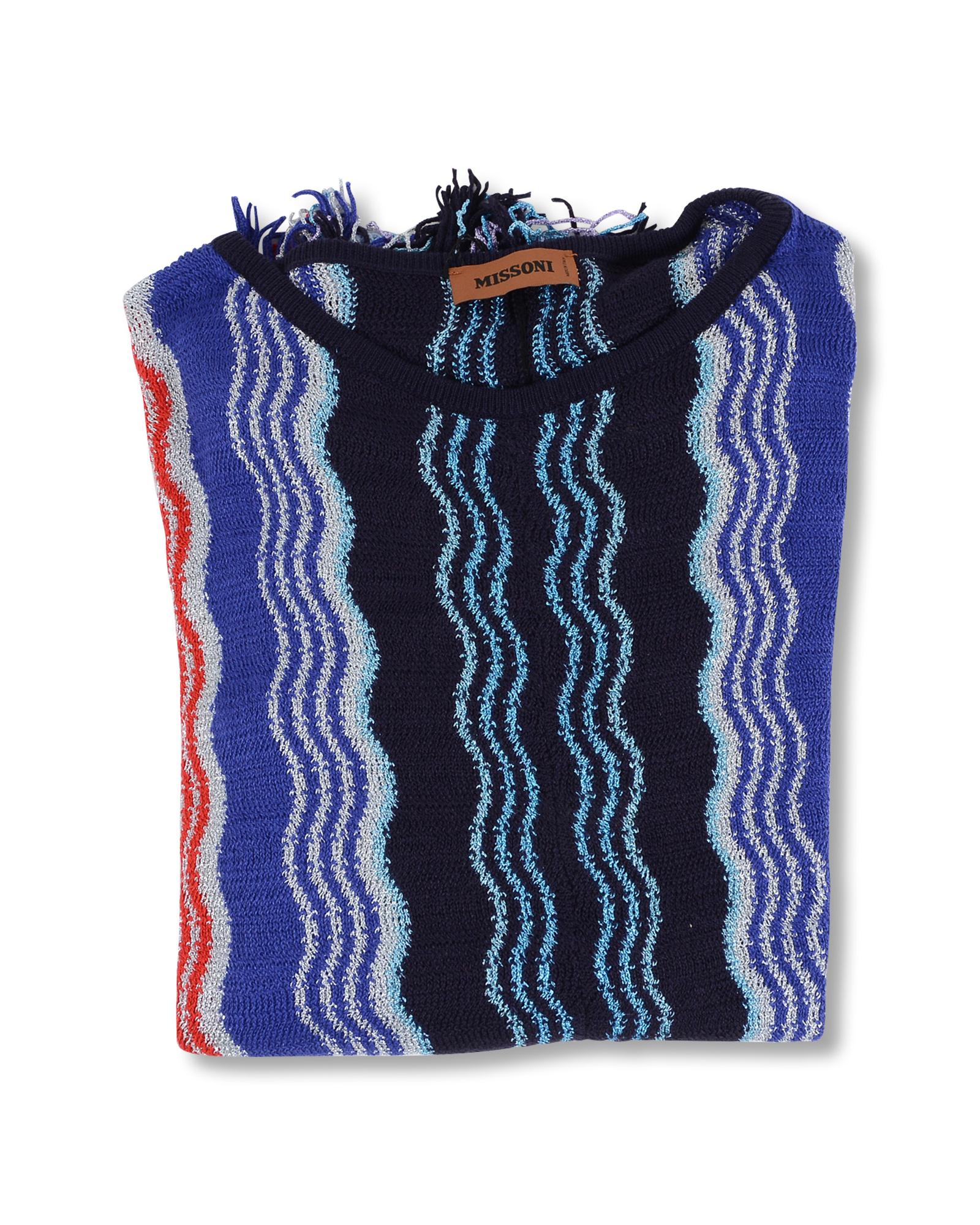 V539-BTB56729-202506160445-00 Missoni Women's Blue Striped Crew Neck Sweater with Frayed Edges - One Size - Image 1