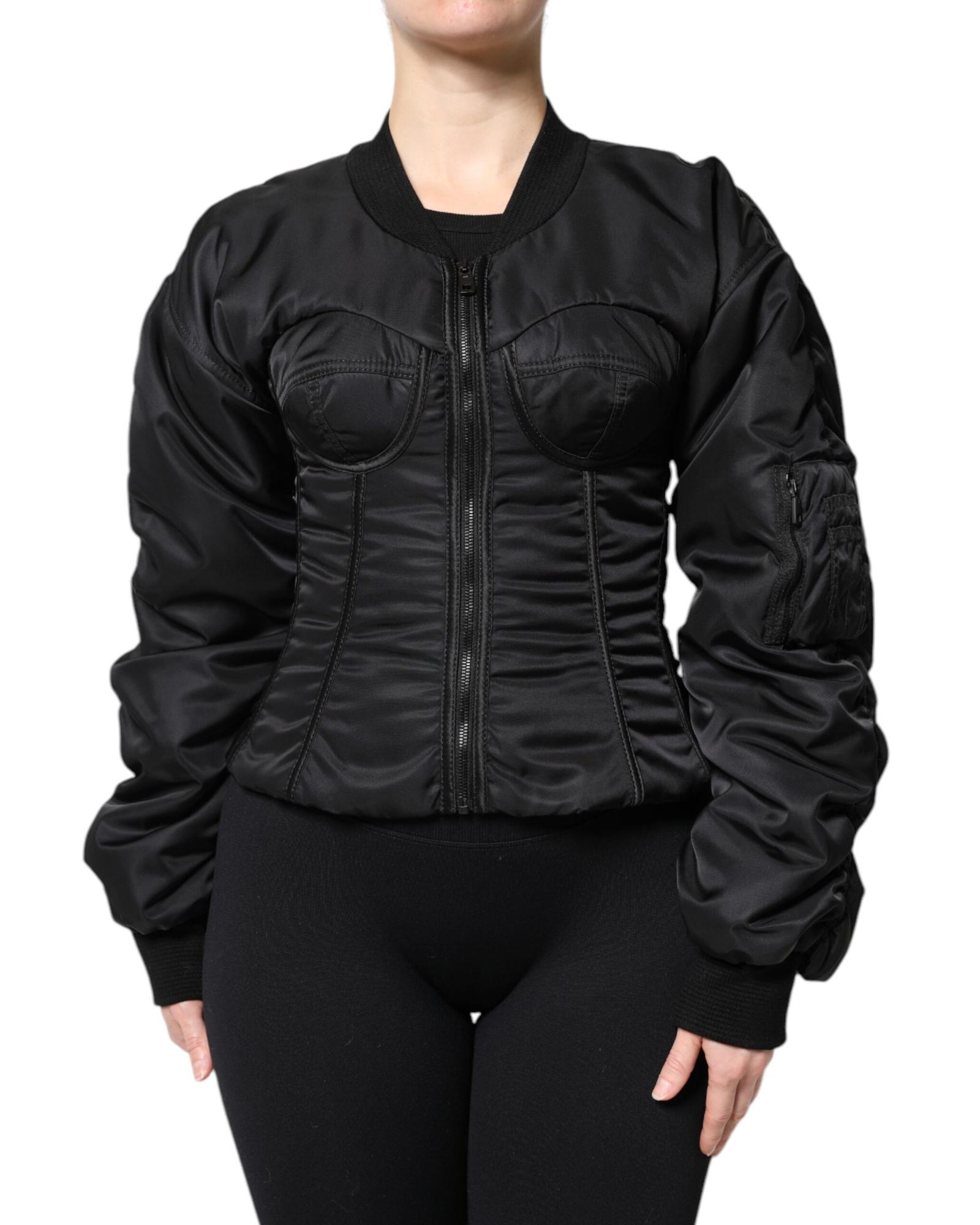 V539-JKT41370-40-202506170711-00 Dolce & Gabbana Women's Black Nylon Full Zip Bustier Corset Jacket - 40 IT - Image 1