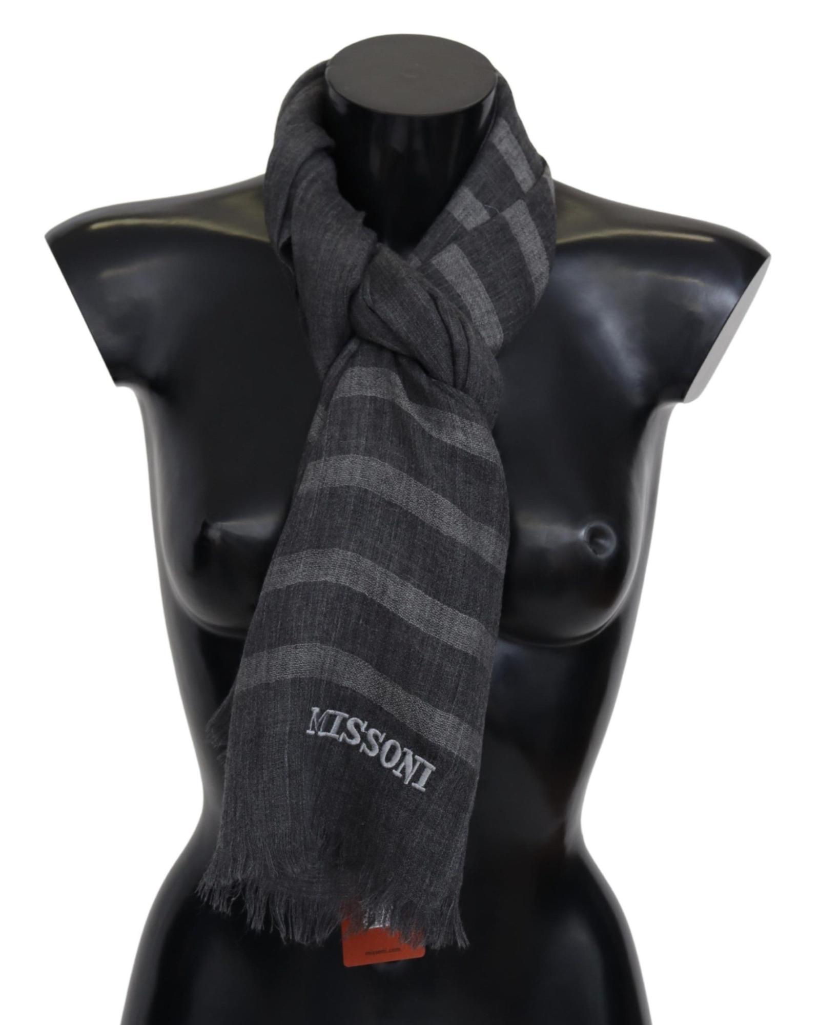 V539-MS2129BG-176916-00 Missoni Men's Gray Striped Wool Unisex Neck Wrap Fringes Scarf - One Size - Image 1