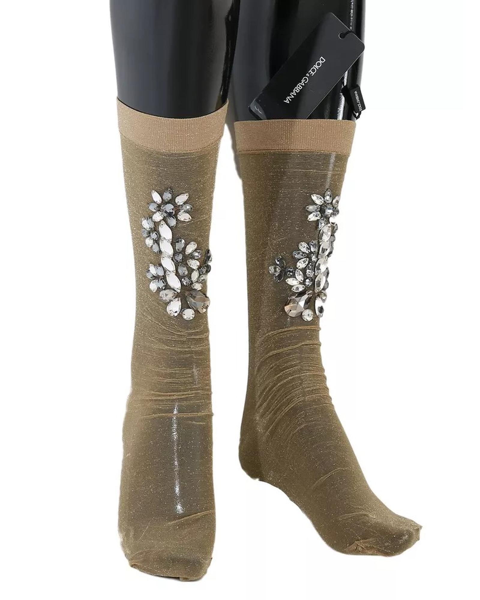 V539-SCS54-M-202506180516-00 Dolce & Gabbana Women's Gold Stretch Floral Clear Crystal Stocking Socks - M - Image 1