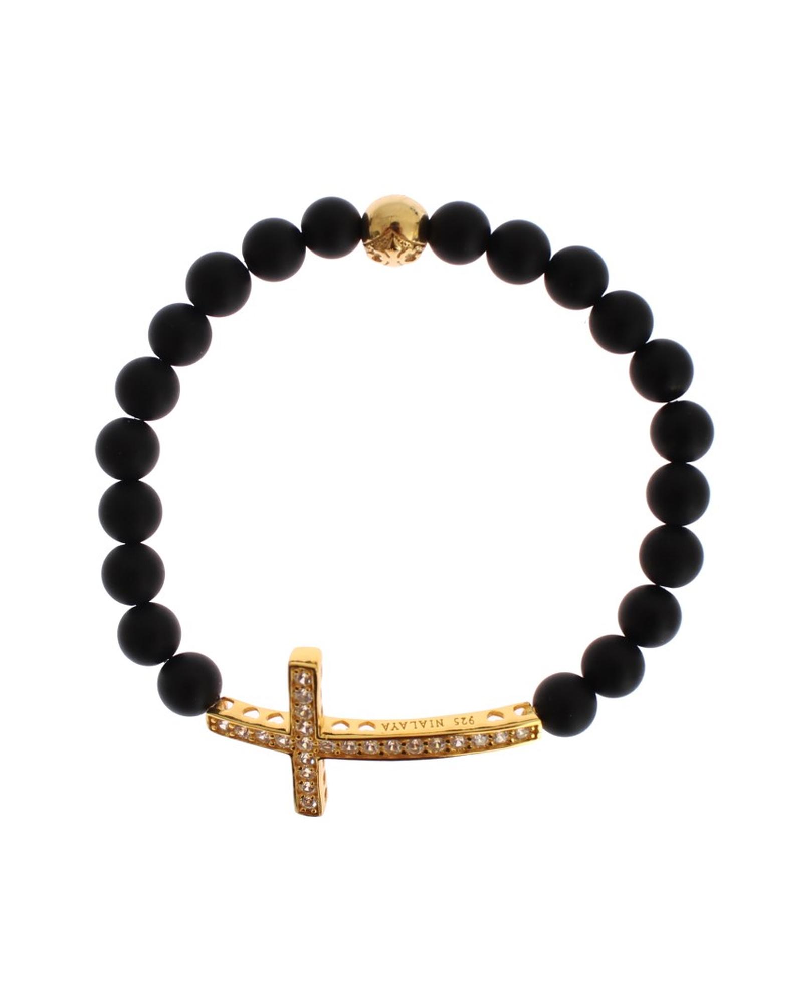 V539-SIG19014-3-202509010130-00 Authentic NIALAYA Bracelet with Matte Onyx Beads and CZ Diamond Cross S Women - Image 1