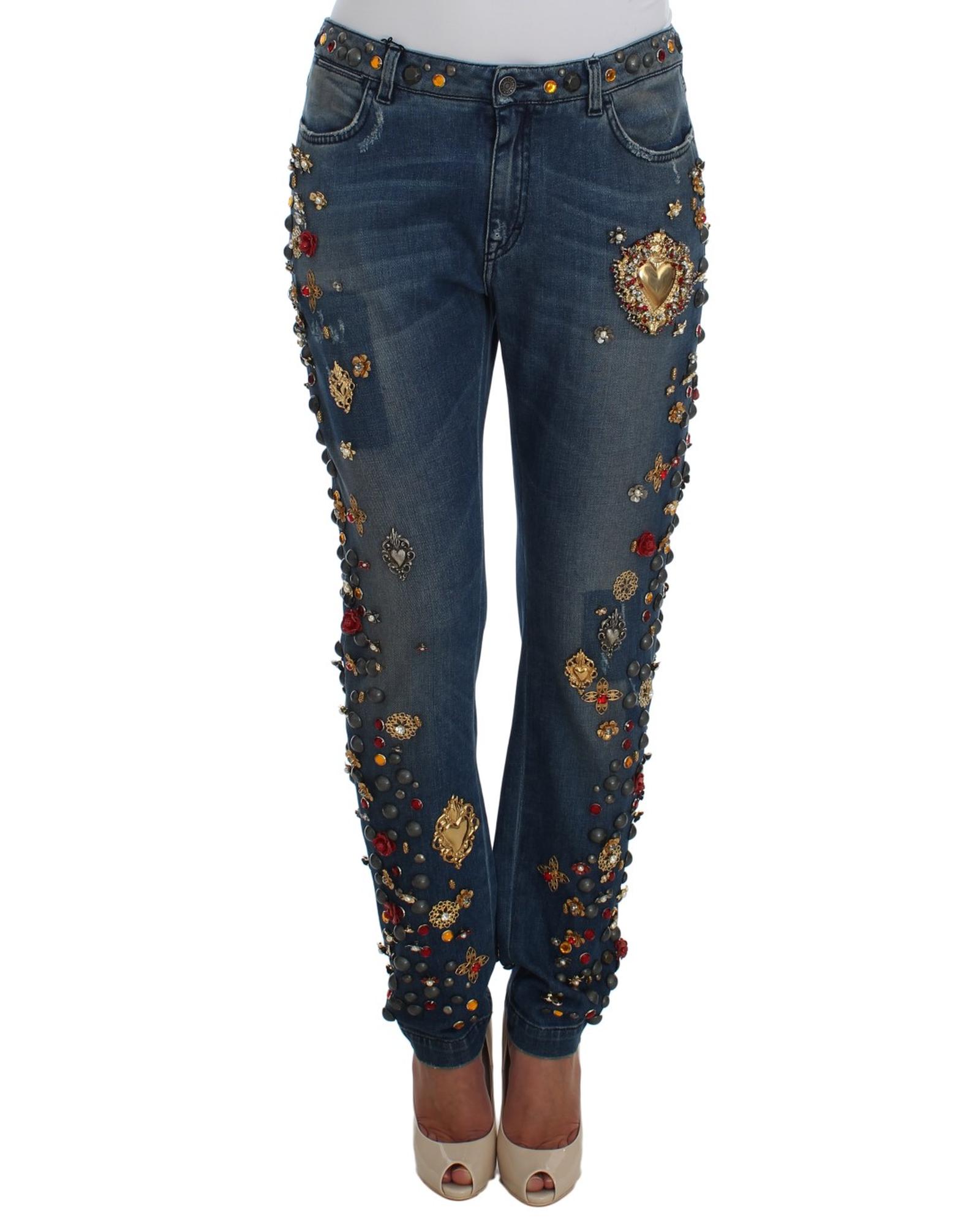 V539-SIG19329-3-202508311815-00 Enchanted Sicily Crystal Heart Roses Boyfriend Fit Jeans 40 IT Women - Image 1