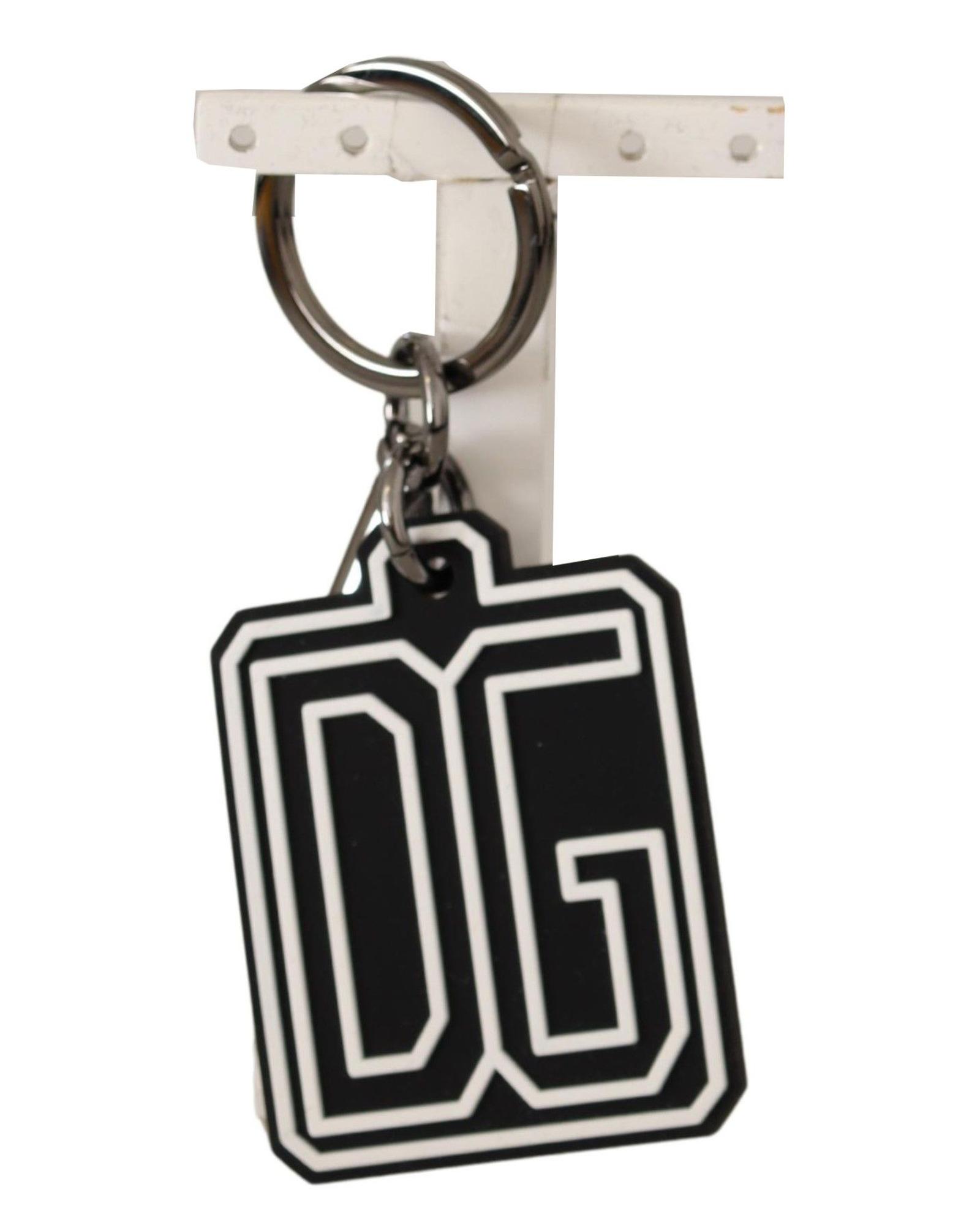V539-SMY100578-202506180603-00 Dolce & Gabbana Men's Black White DG Rubber Logo Silver Ring Keychain - One Size - Image 1