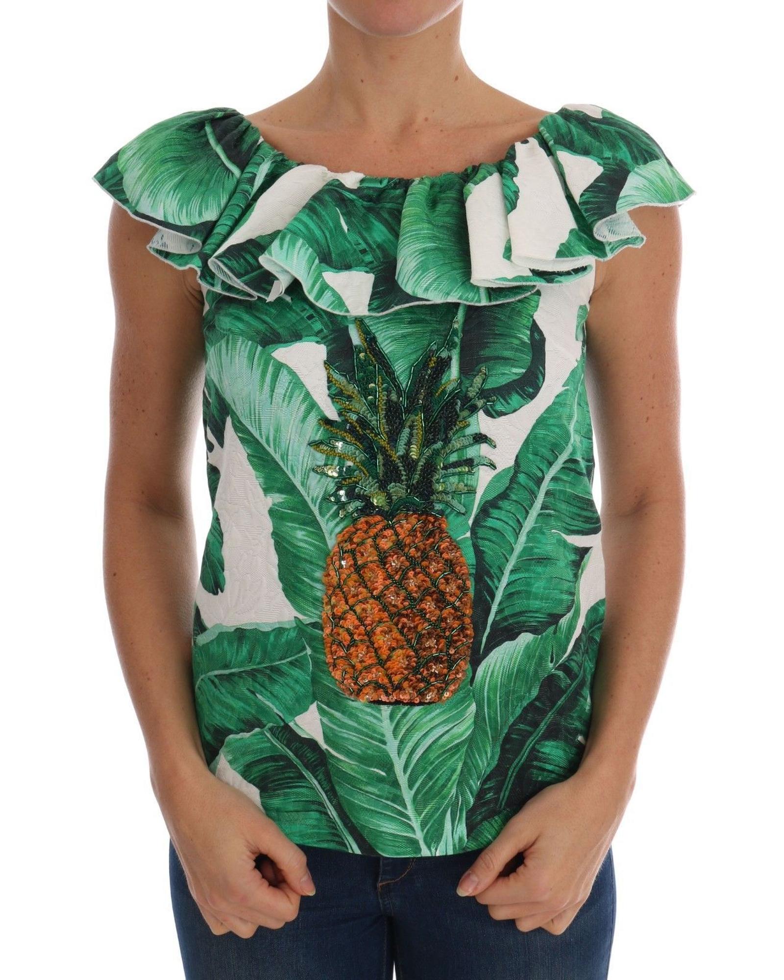 V539-TSH1648-IT36-202509010435-00 Cap Sleeve Blouse Top with Ruffled Neckline and Sequined Pineapple Embroidery 36 IT Women - Image 1